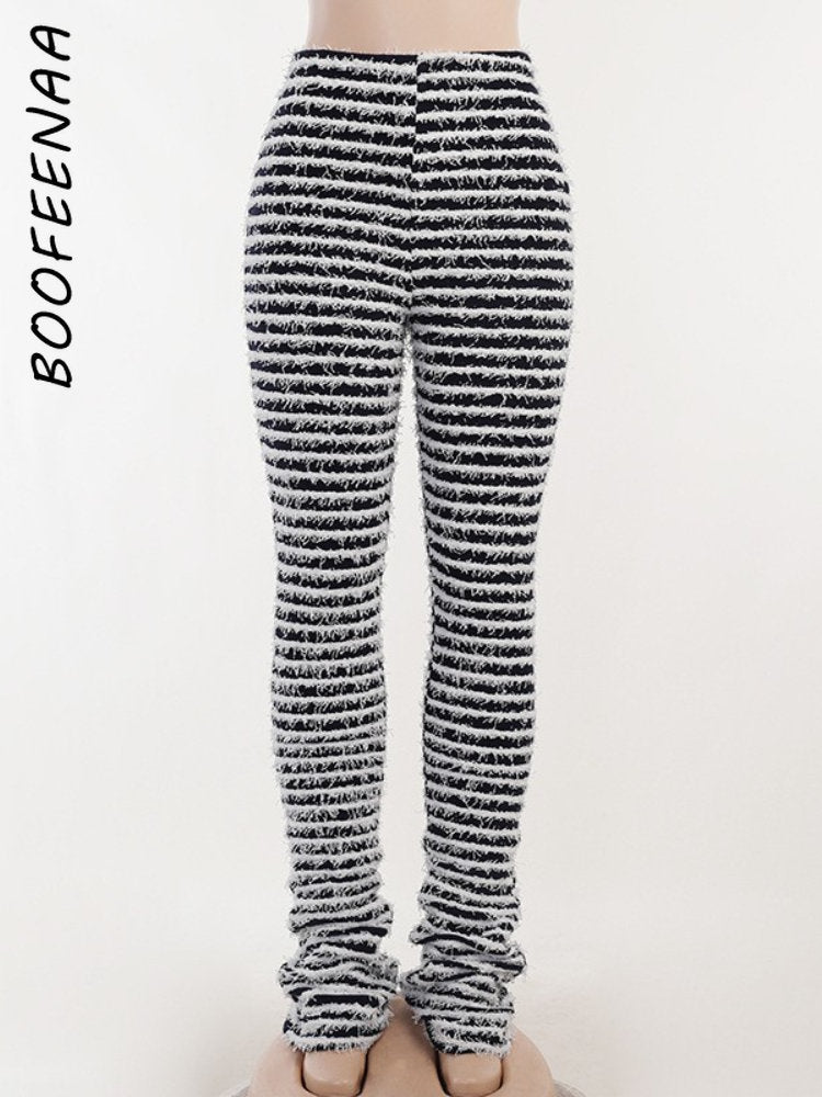 Black and White Striped Knitted High Waist Flare Pants for Women - Extra Long Streetwear Bottoms | Casual Outfit, Boho Chic Style, Perfect for Music Festivals & Everyday Wear