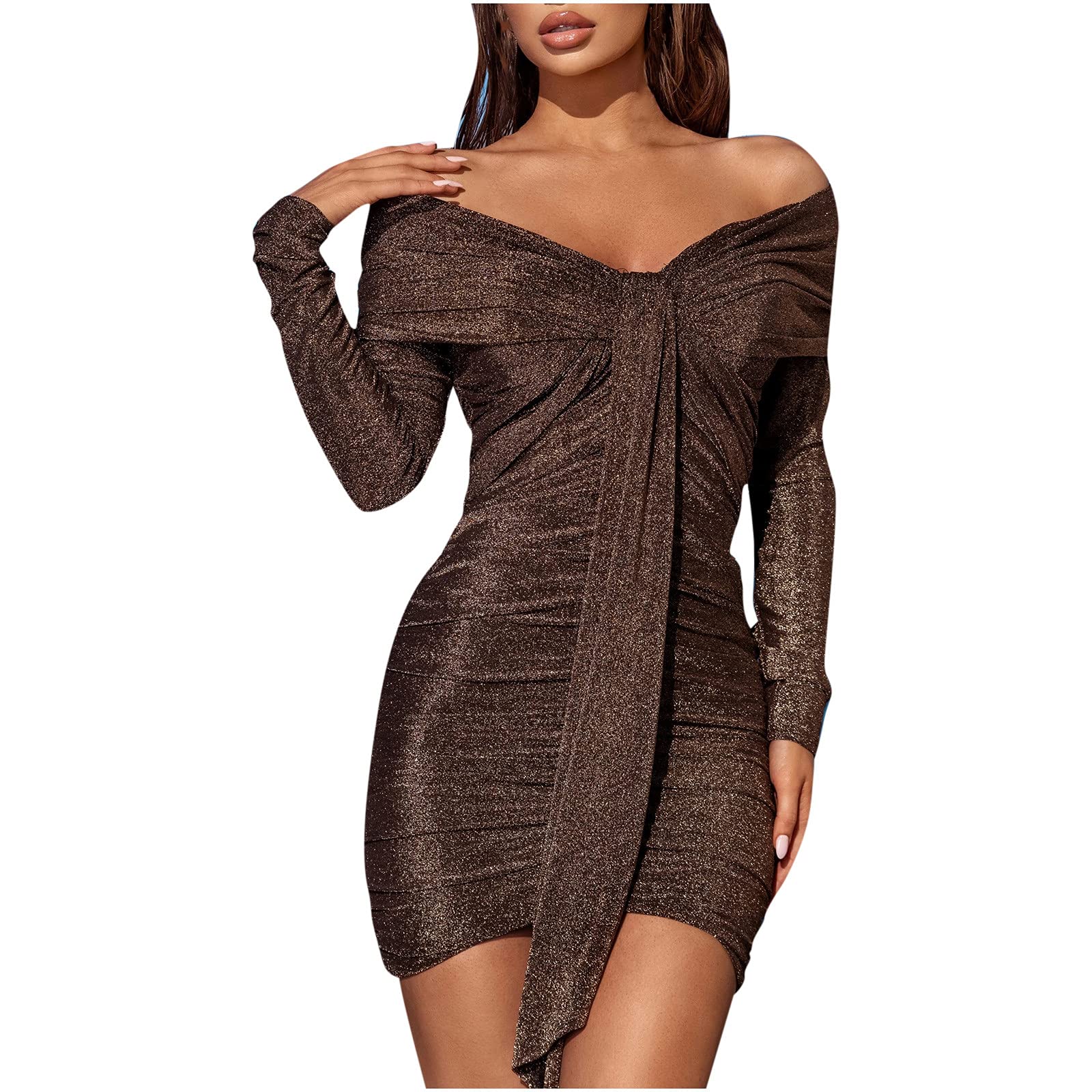 Sexy Off Shoulder V Neck Long Sleeve Bodycon Mini Cocktail Dress for Women - Wedding Guest, Party & Night Out Outfits - Perfect for Date Night, Club Wear and Special Occasions