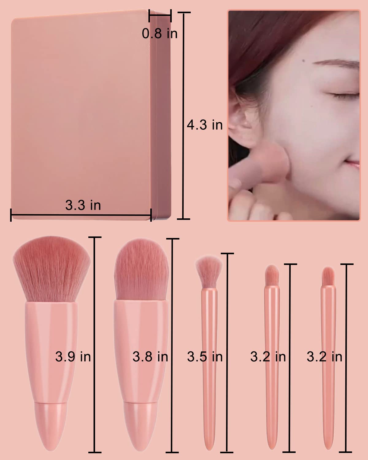 5-Piece Mini Pink Travel Makeup Brush Set with Case & Mirror - Compact Cosmetic Brushes Kit for Eyeshadow, Foundation & Blending | Perfect for On-The-Go, Airplane Travel & Touch-Ups