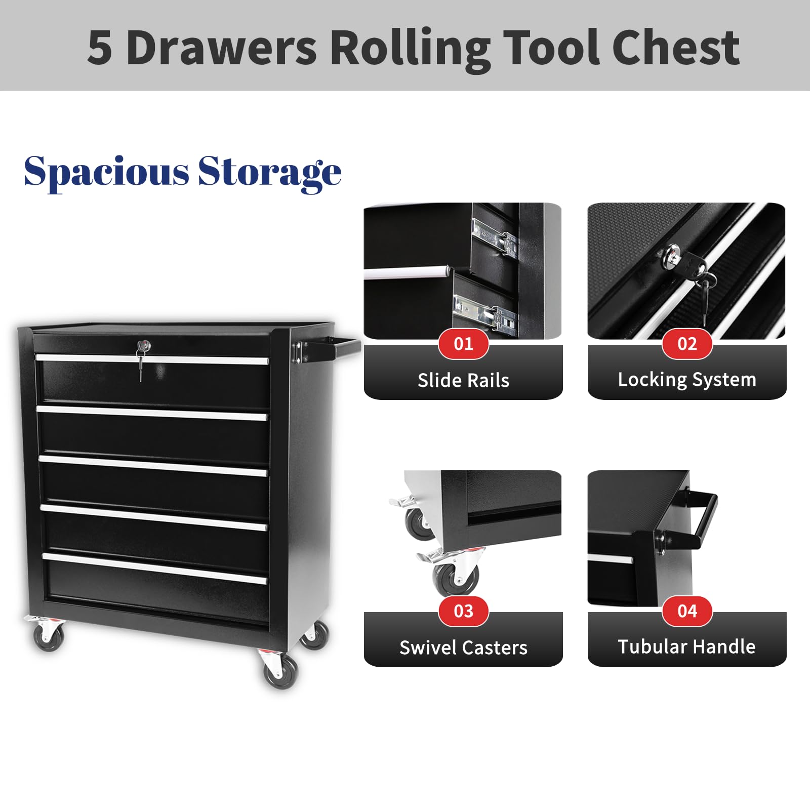 HMFULE 5-Drawer Rolling Tool Chest with Locking System & Drawer Liners - Heavy Duty Mobile Tool Cart on Wheels for Garage, Workshop, Warehouse & Auto Repair Shop - Black Tool Organizer for Mechanics & DIY Enthusiasts