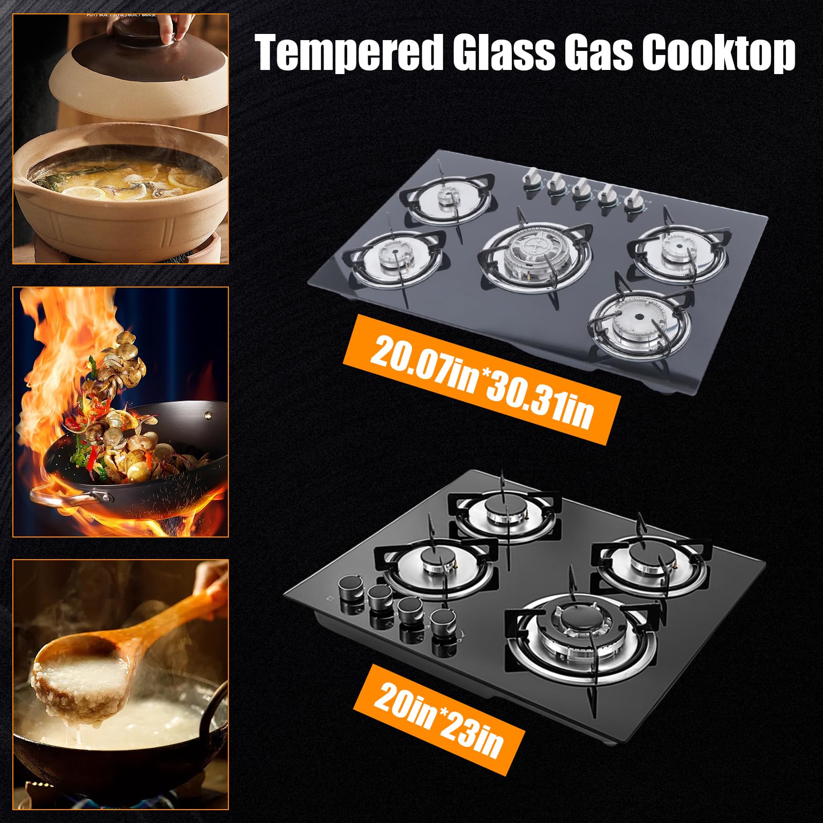 TBVECHI 23 Inch 4 Burner Built-in Gas Cooktop - LPG/NG Compatible Tempered Glass Stove (590x510mm) for Modern Kitchens - Fast US Shipping & Stock