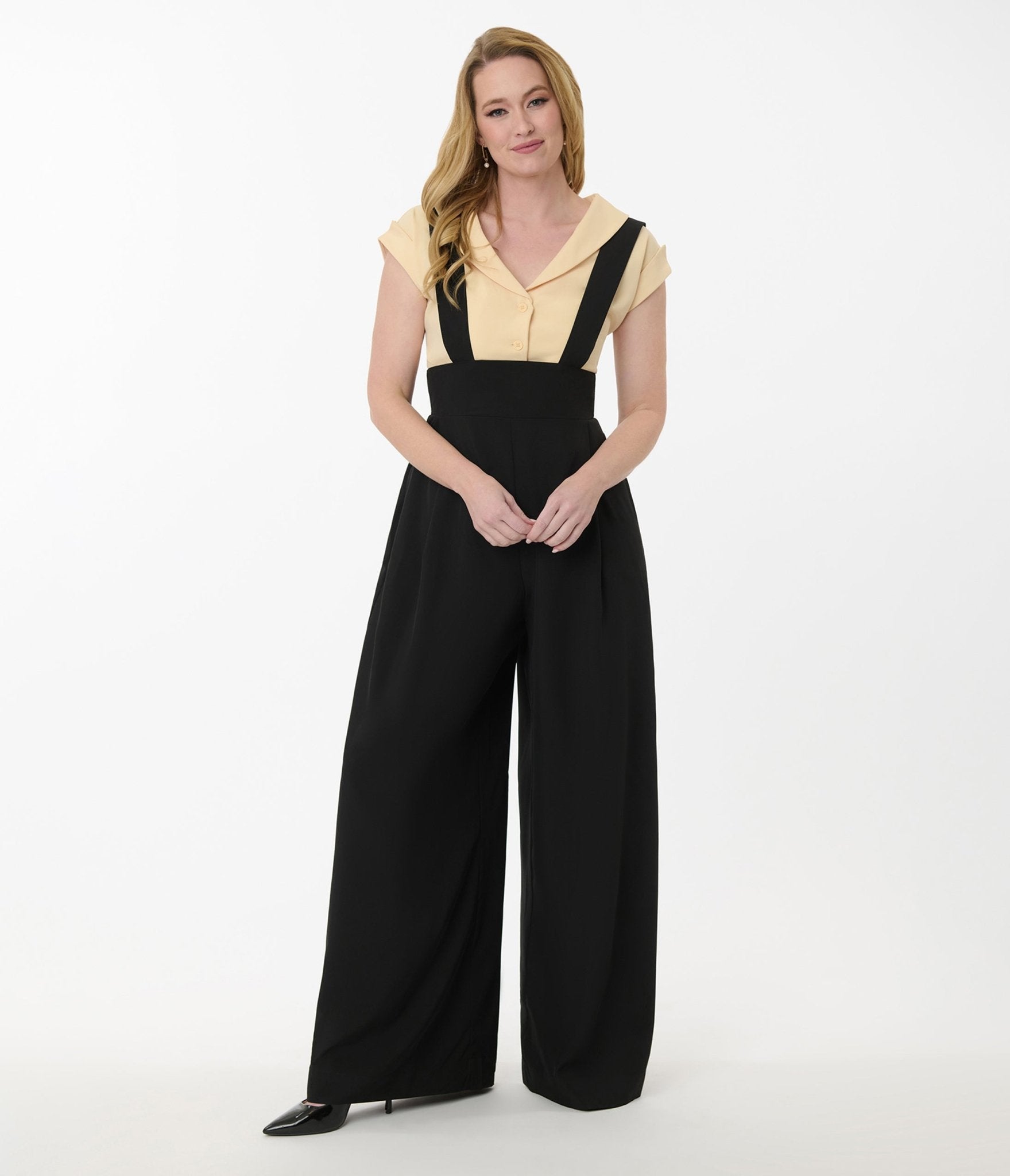 Vintage Black Wide Leg Rochelle Suspenders Pants for Women - Retro High Waisted Trousers with Adjustable Straps - Perfect for 1920s Themed Parties, Cosplay & Vintage Fashion Lovers