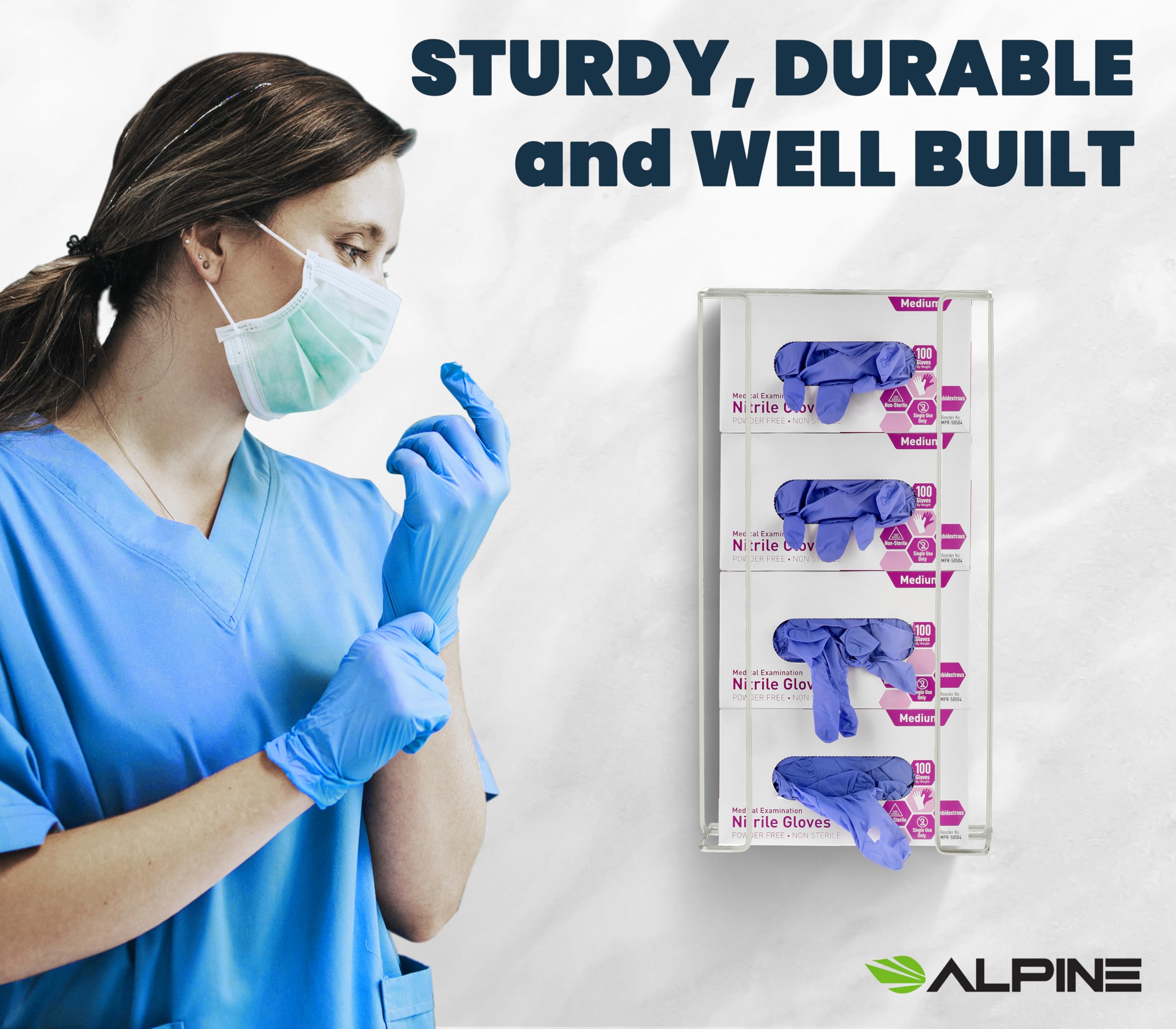 Alpine Wall Mount Glove Holder - Wire Dispenser for Latex & Disposable Gloves, Fits 4 Boxes (White) - Perfect for Kitchen, Garage, Medical Office & Workshop Organization