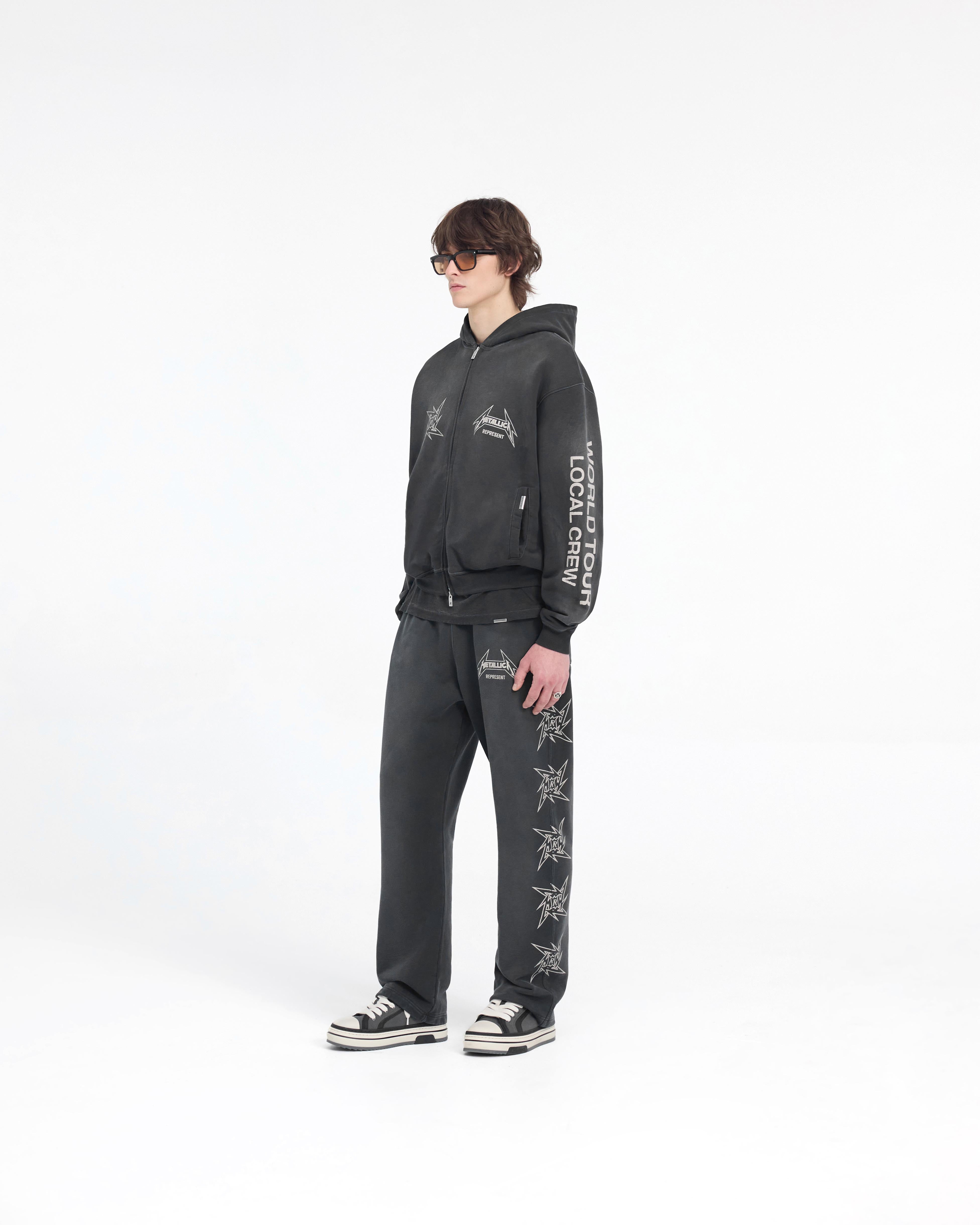 Represent X Metallica Local Crew Zip Hoodie - Stained Black | Vintage Rock Band Merch | Perfect for Concerts & Streetwear Fashion