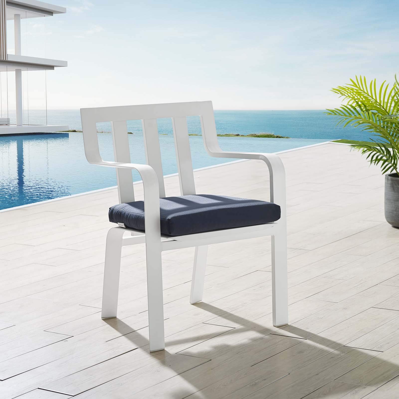Modern Outdoor Patio Dining Armchair - Water-Resistant Navy Blue & White Fabric with Aluminum Frame - Perfect for Garden, Poolside, and Backyard Relaxation