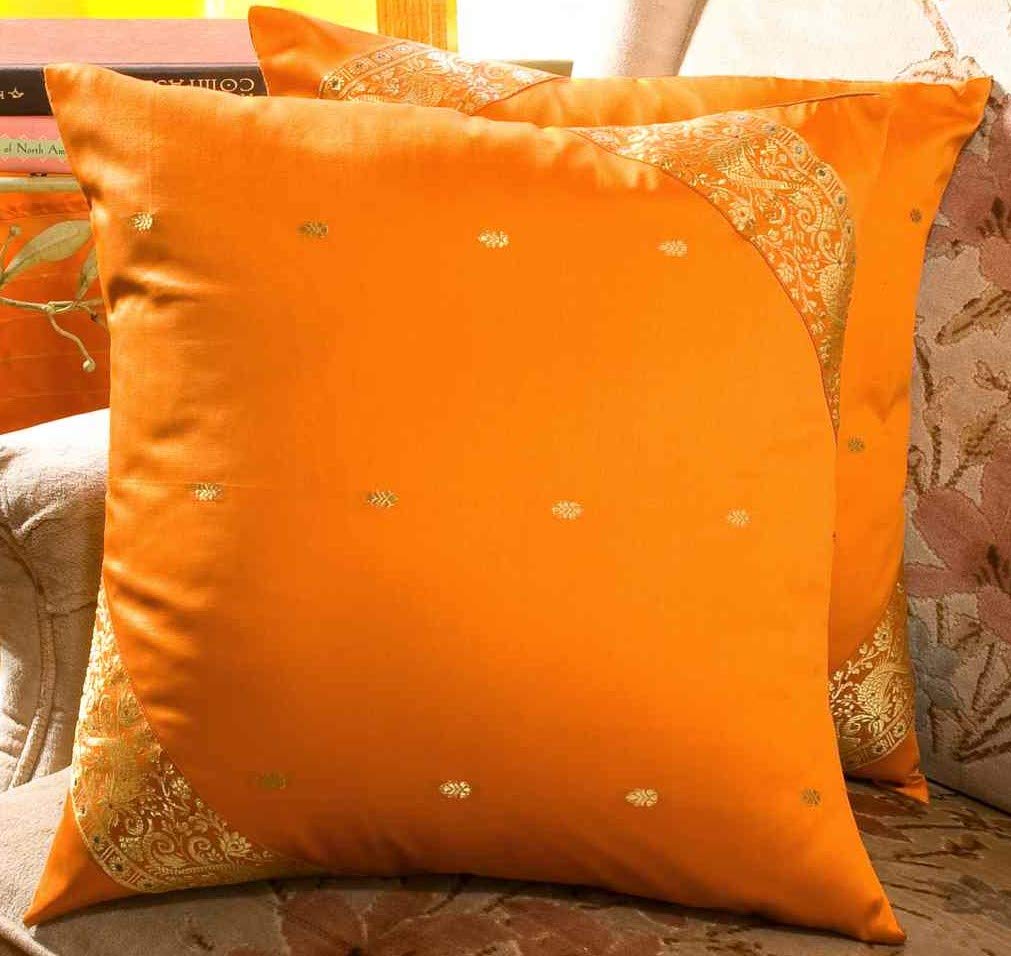 Handmade Boho Sari Cushion Covers Set of 2 - 22x22 Inch Mustard Yellow Indian Throw Pillow Covers with Zipper | Eco-Friendly Home Decor for Living Room, Bedroom & Bohemian Style Interiors