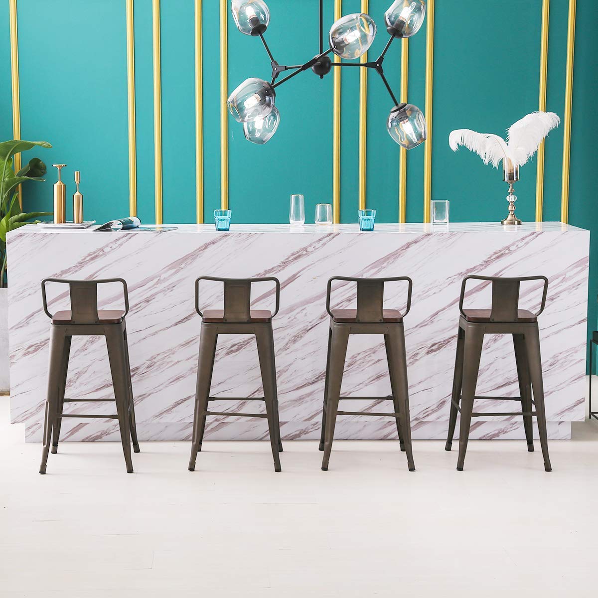HAOBO Industrial Swivel Bar Stools Set of 4 - 24 Inch Metal Bar Height Stools with Rustic Finish - Perfect for Kitchen Island, Home Bar & Dining Room Counter