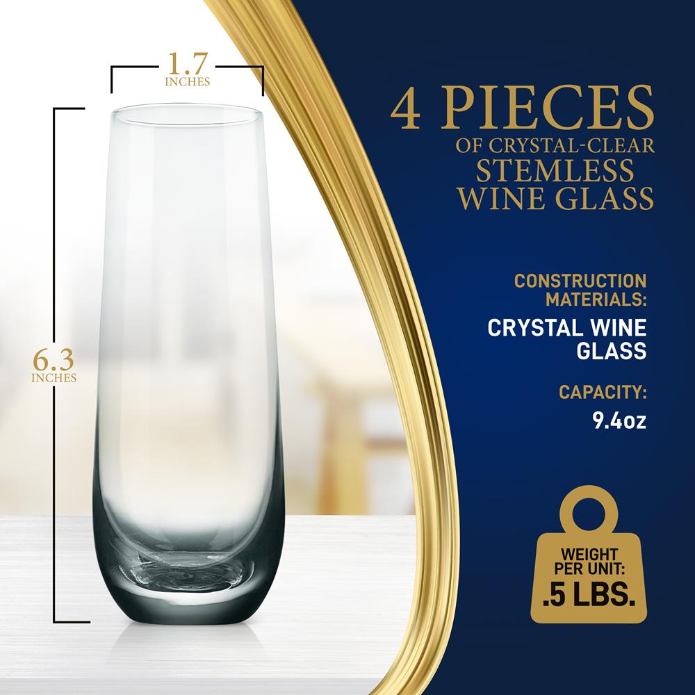 Premium Crystal Clear Stemless Wine Glasses - Set of 4 Shatter-Resistant Modern Tumblers for Red Wine, Cocktails & Beverages - Perfect for Parties, Weddings & Home Entertaining