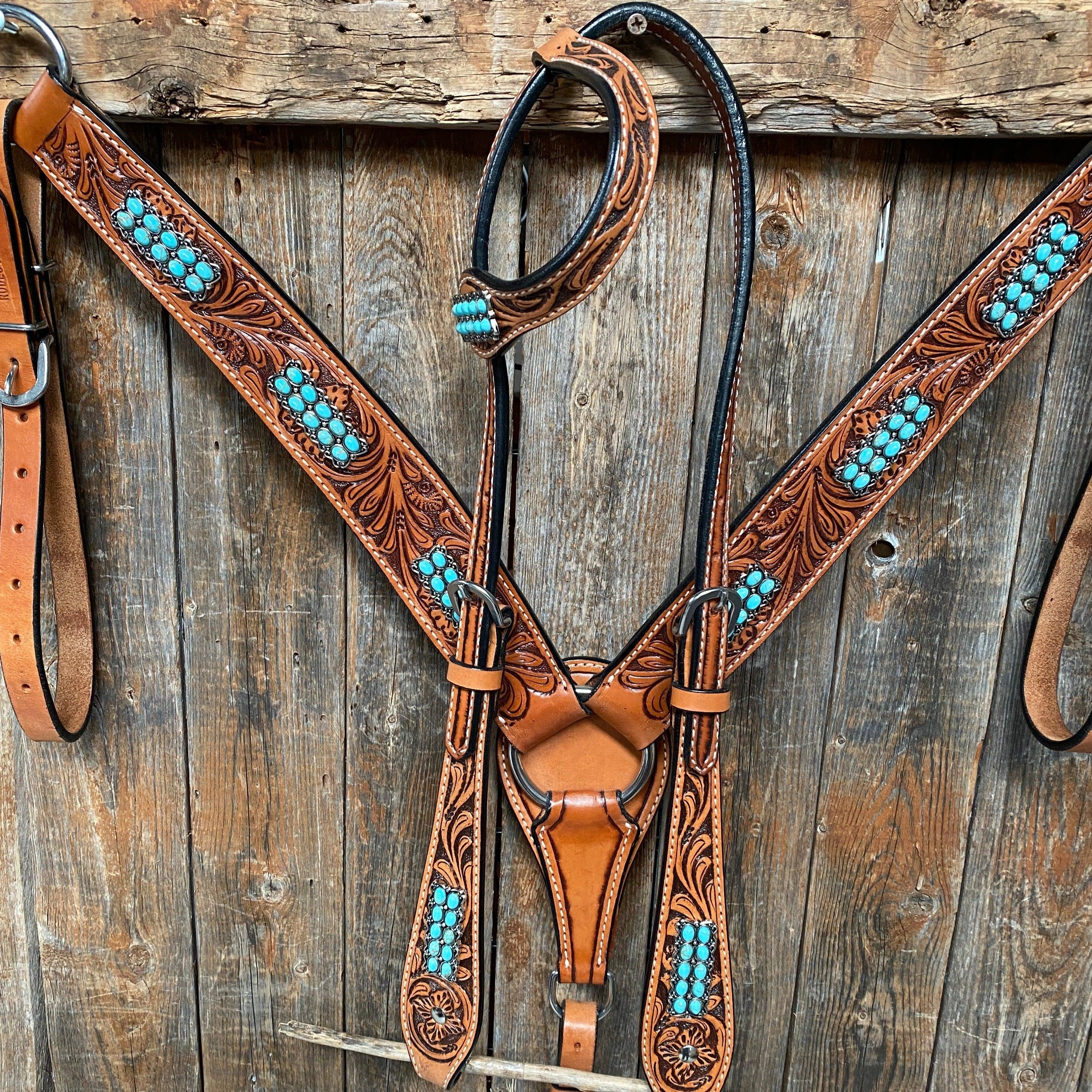 Light Oil Buckaroo Roper Turquoise One Ear & Breastcollar Tack Set for Western Horse Riding | OEBC446 | Perfect for Rodeo, Trail Riding & Show Events