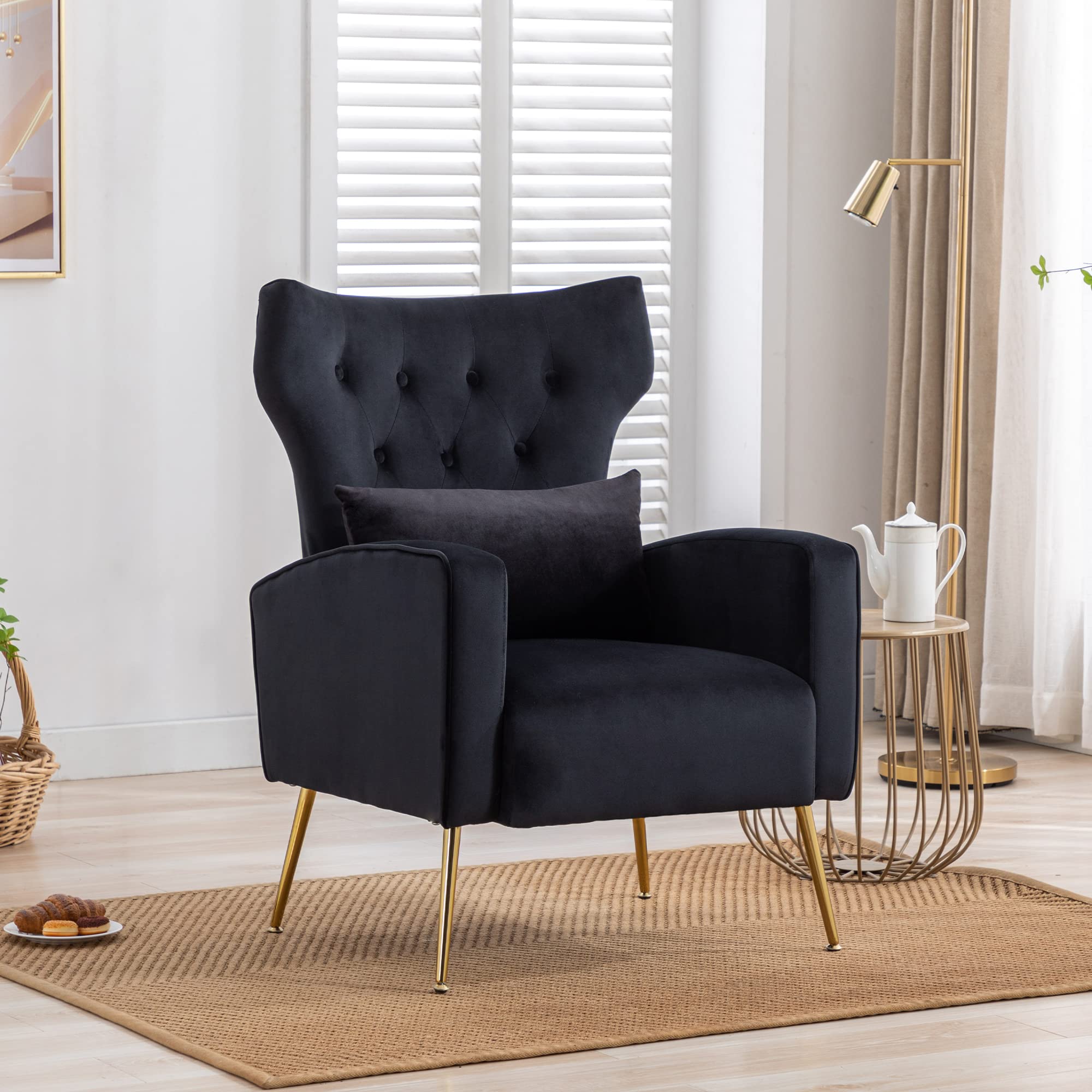 DM-Furniture Modern Velvet Wingback Accent Chair with Gold Legs - Upholstered Reading & Lounge Chair for Bedroom, Living Room - Perfect for Cozy Reading Nooks & Stylish Home Decor (Black)