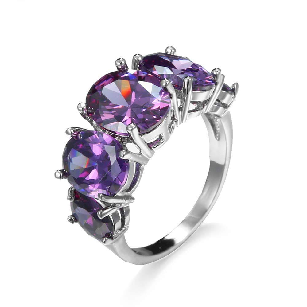 AZQ 925 Sterling Silver Amethyst Ring - Oval Cut 2Ct Cubic Zirconia 5-Stone Eternity Band for Women | Perfect for Engagement, Wedding & Anniversary Gifts | Elegant Jewelry for Special Occasions