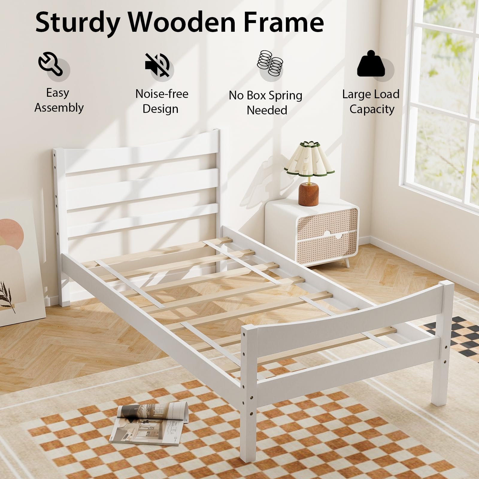 Giantex Solid Wood Twin Bed Frame with Headboard & Footboard - Modern White Platform Bed, No Box Spring Needed, Sturdy Wood Slat Support - Perfect for Kids Bedroom, Guest Room & Small Spaces