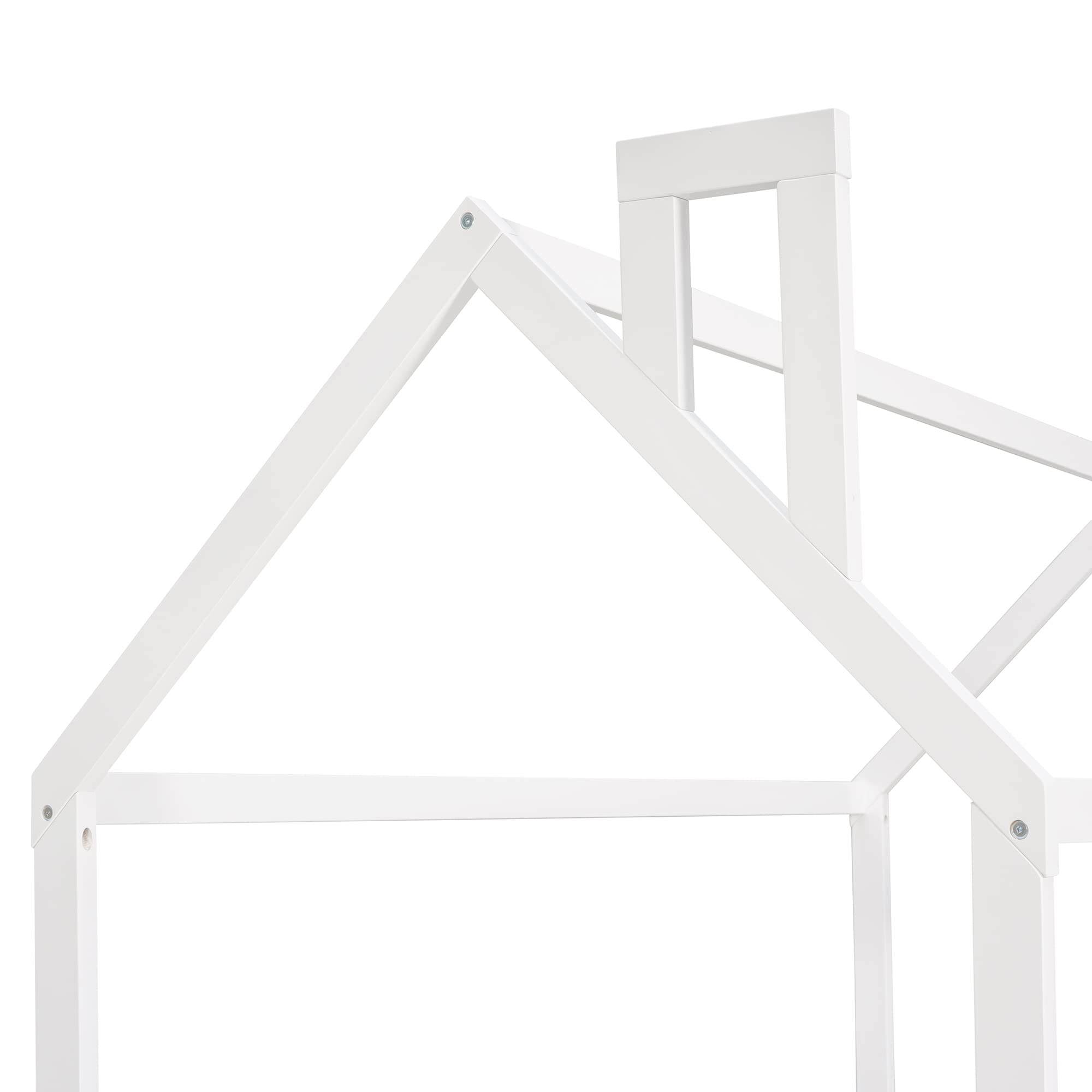 Harper & Bright Designs Twin Size Kids Bed Frame - Pine Wood Roof, Fence-Shaped Guardrails, Cabin Style Floor Bed for Children & Teens (White) | Perfect for Small Bedrooms, Playrooms & Sleepovers