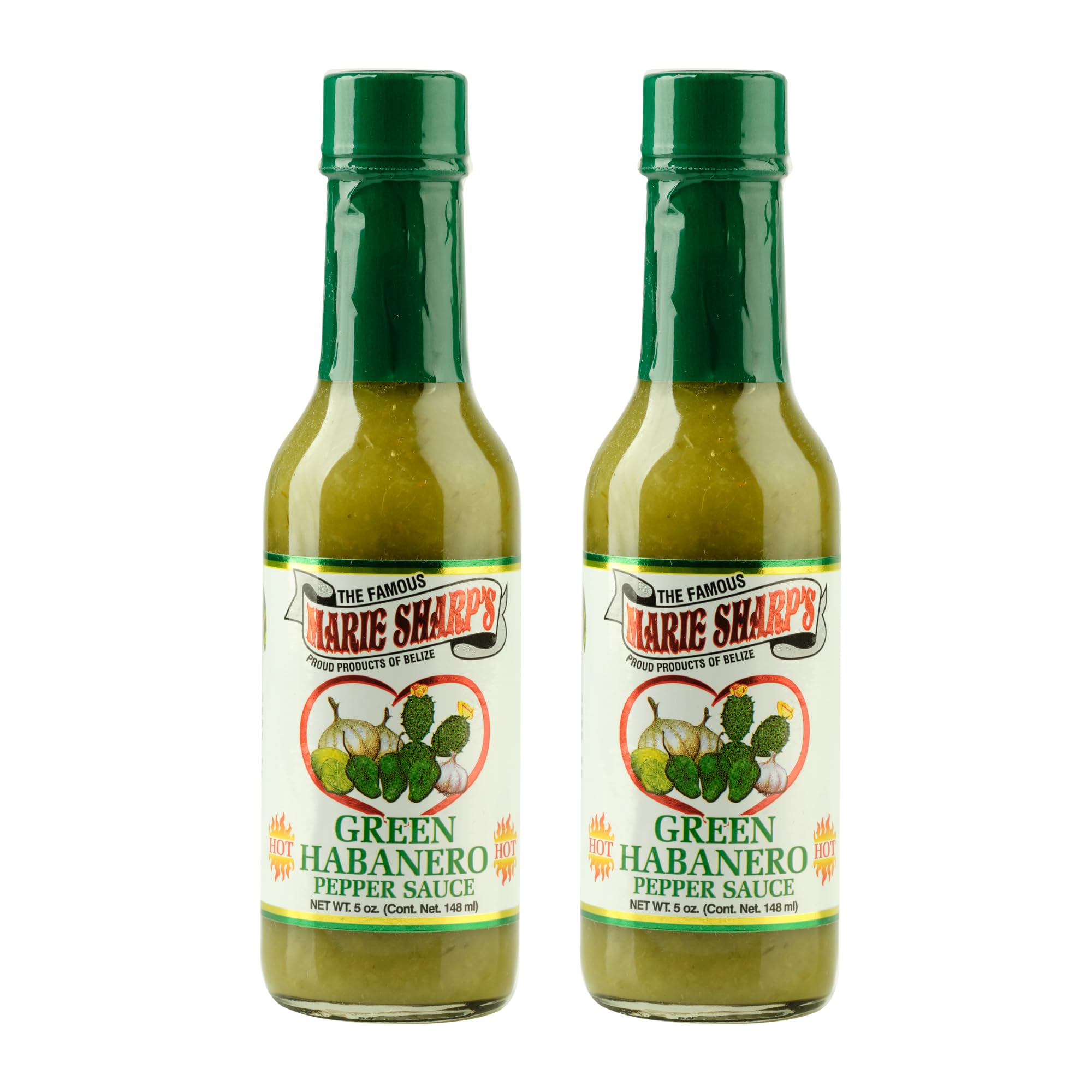 Marie Sharp's Green Habanero Hot Sauce - 5 oz Bottle (Pack of 2) | Spicy & Flavorful Pepper Sauce for Tacos, Wings, Burgers & Mexican Food | Gluten-Free & Vegan Hot Sauce