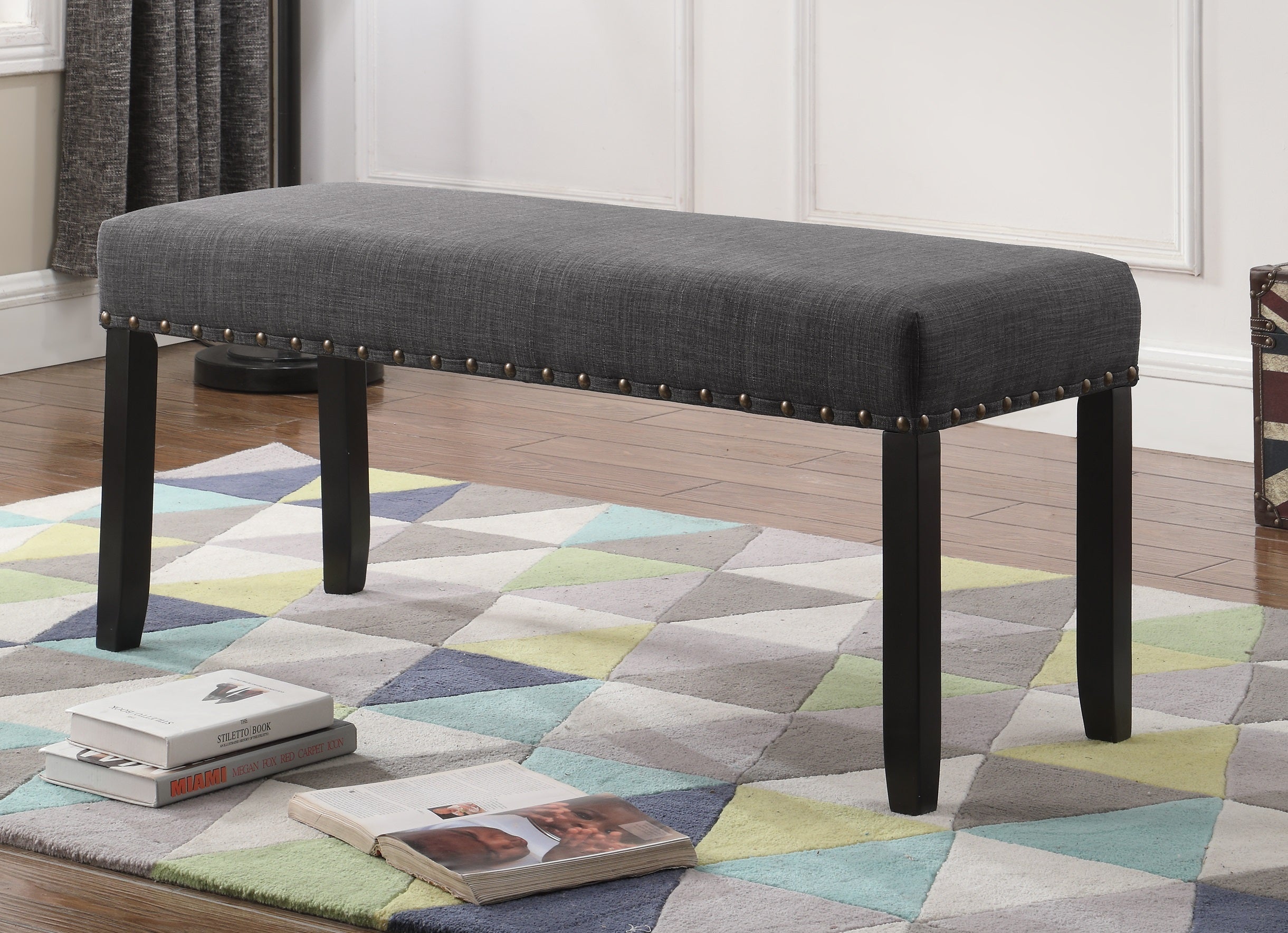 Roundhill Furniture Biony Fabric Dining Bench with Nailhead Trim, Grey - Stylish Upholstered Seat for Kitchen, Dining Room, or Breakfast Nook