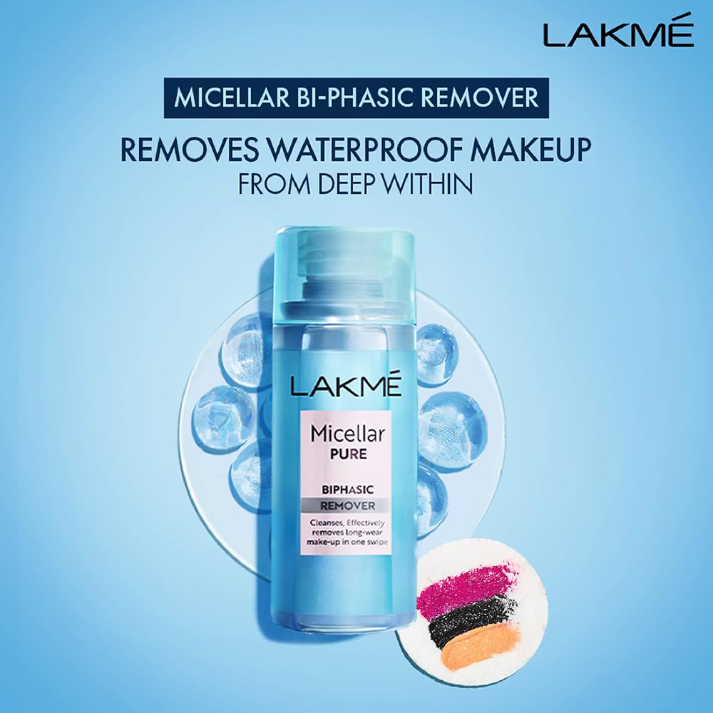 LAKMÉ Biphasic Micellar Cleansing Water 100ml - Gentle Makeup Remover for Waterproof Makeup & Sensitive Skin | Oil-Free Facial Cleanser with Hydrating Formula | Perfect for Daily Skincare & Travel