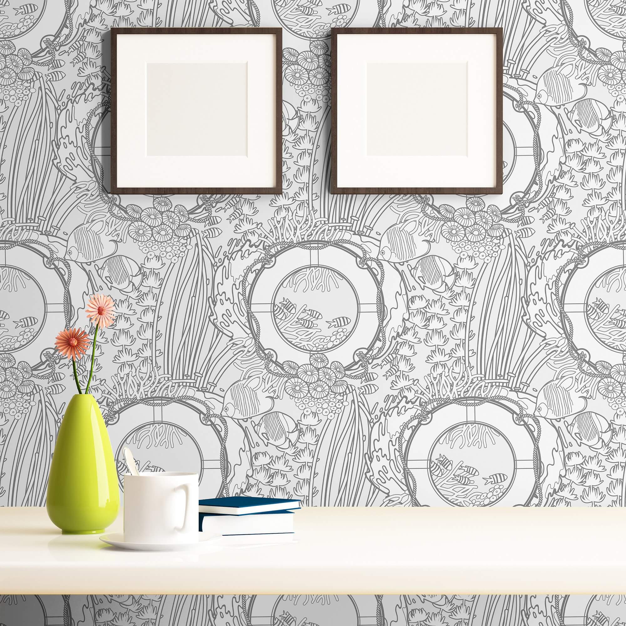 White and Grey Fish Nautical Peel and Stick Removable Wallpaper - Self-Adhesive Decorative Wall Covering for Bathroom, Nursery & Coastal Home Decor