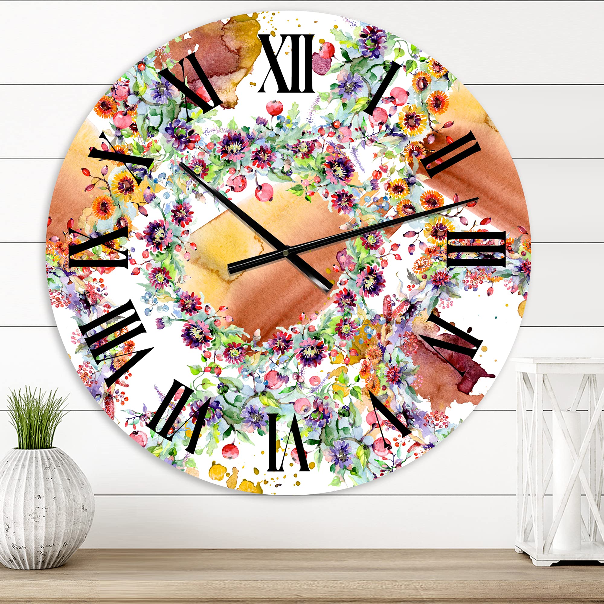 DesignQ Modern Wall Clock - Vibrant Wild Spring Leaves, Wildflowers & Berries Floral Botanical Large Wall Clock for Kitchen, Living Room, Bedroom Decor | Perfect for Home, Office & Farmhouse Style
