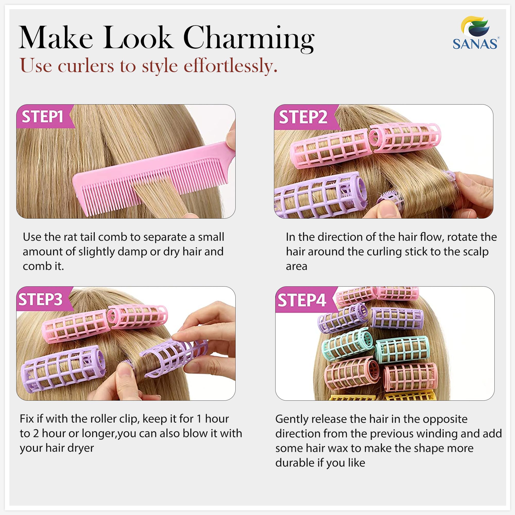 20pcs Sanas Plastic Snap-On Hair Rollers - No Heat Self Grip Curlers for Women & Girls - DIY Hair Styling Tools for Waves & Curls - Perfect for Home, Salon, and Party Hairstyles (Random Colors)