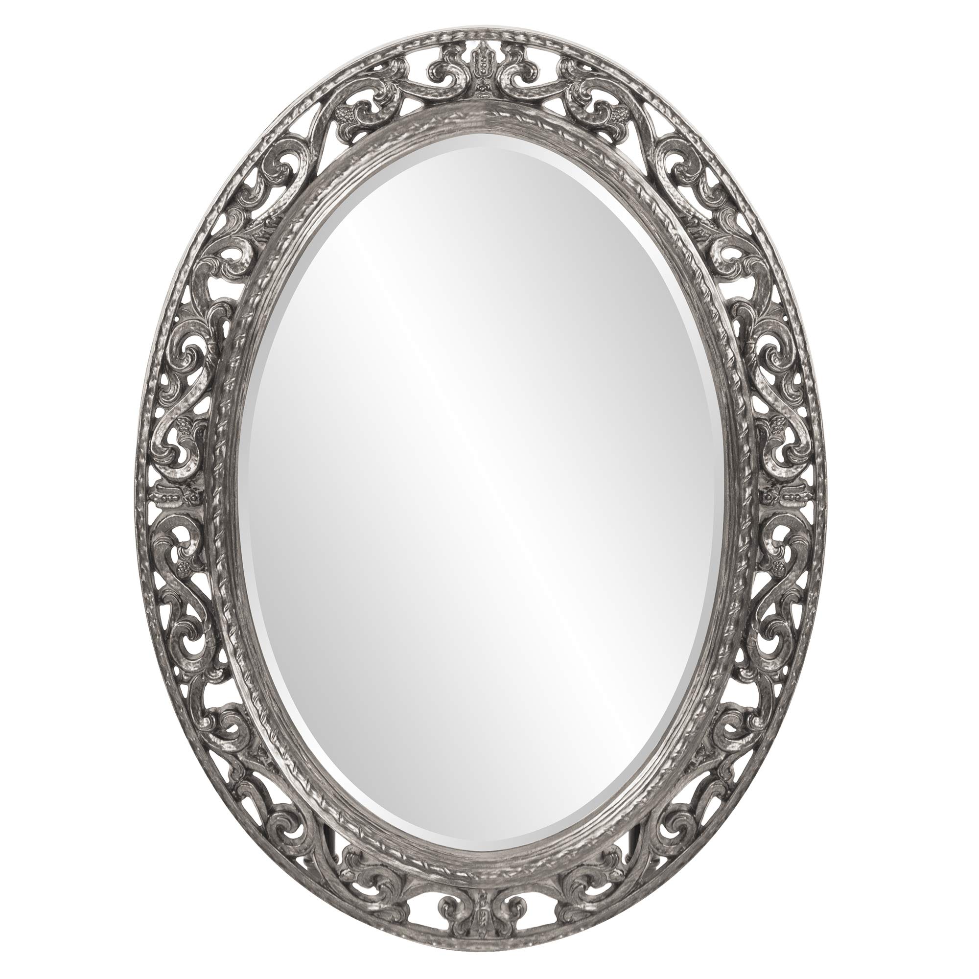 Howard Elliott Suzanne Antique Oval Hanging Wall Mirror - Vintage Vanity Mirror with Ornate Scroll Pattern Resin Frame - Farmhouse & Boho Decor for Living Room, Bedroom, Entryway - Nickel Finish 27 x 37 Inch - Perfect for Home Decor, Wedding Gift & Wall Accent