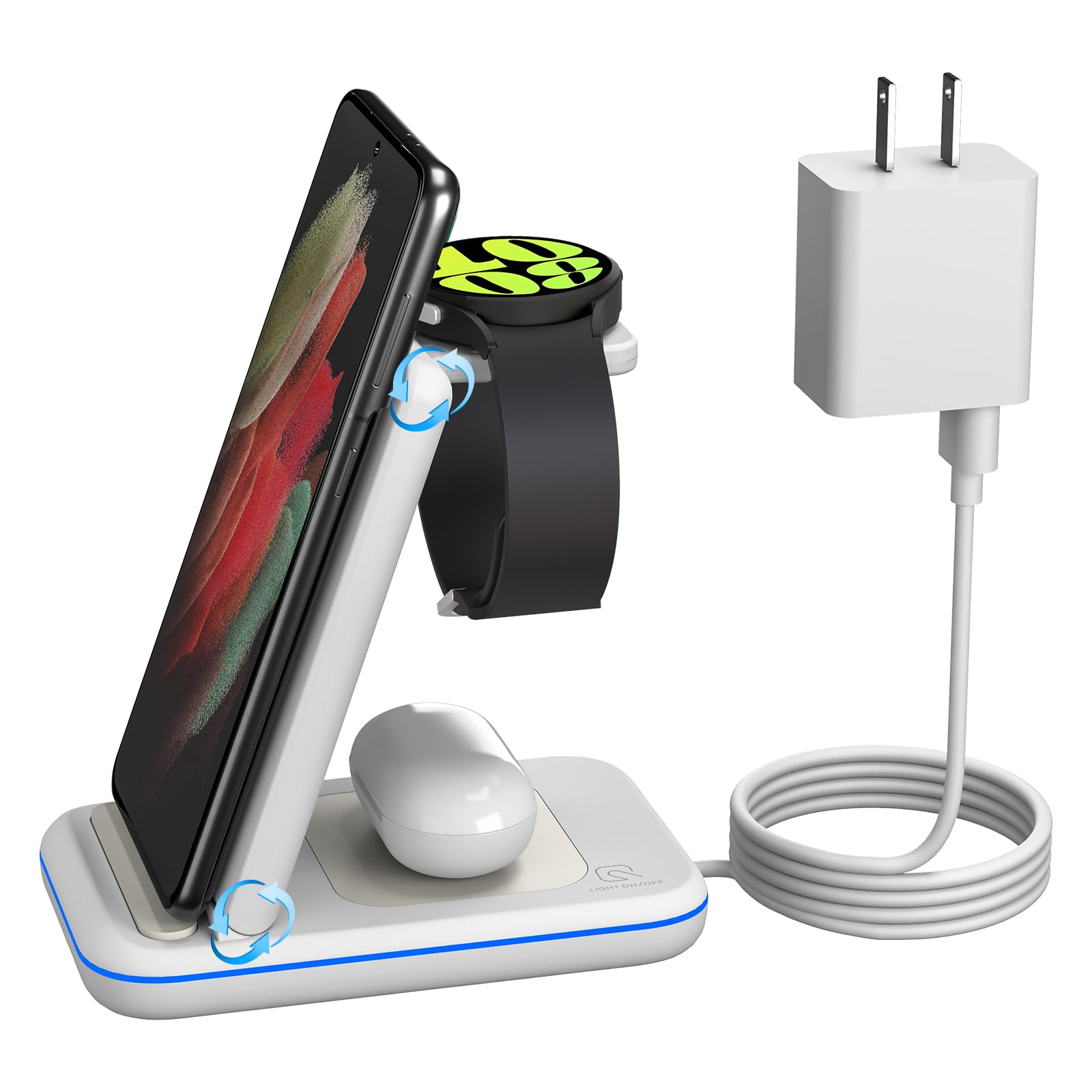 HOLYJOY 3-in-1 Foldable Fast Wireless Charging Station for Samsung S25 Ultra/S24/Note 20, Galaxy Watch 7/6/5/4/Active 2 & Buds - Portable Travel Charger Stand (White) | Perfect for Home, Office & Travel Use
