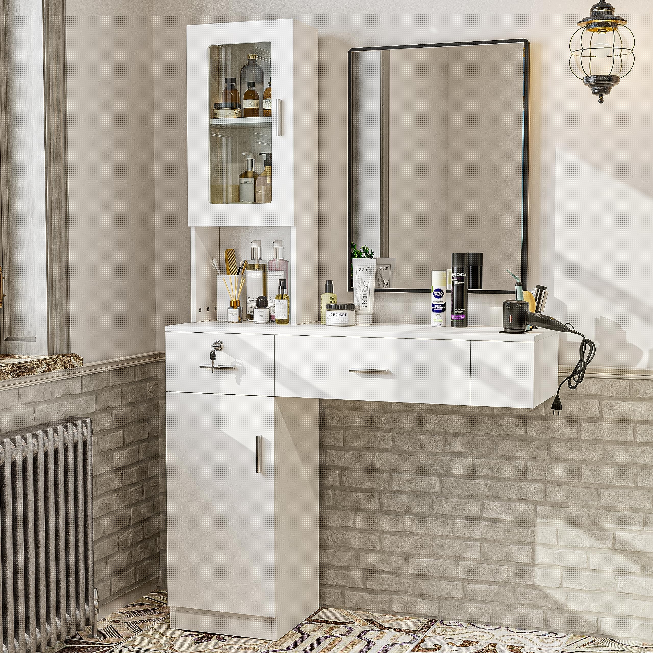 Professional Wall Mount Hair Salon Station - Barber Styling Storage Cabinet with Glass Door, 2 Drawers & 3-Tier Shelves (White) | Perfect for Salon Organization, Home Barber Setup & Beauty Studio Storage