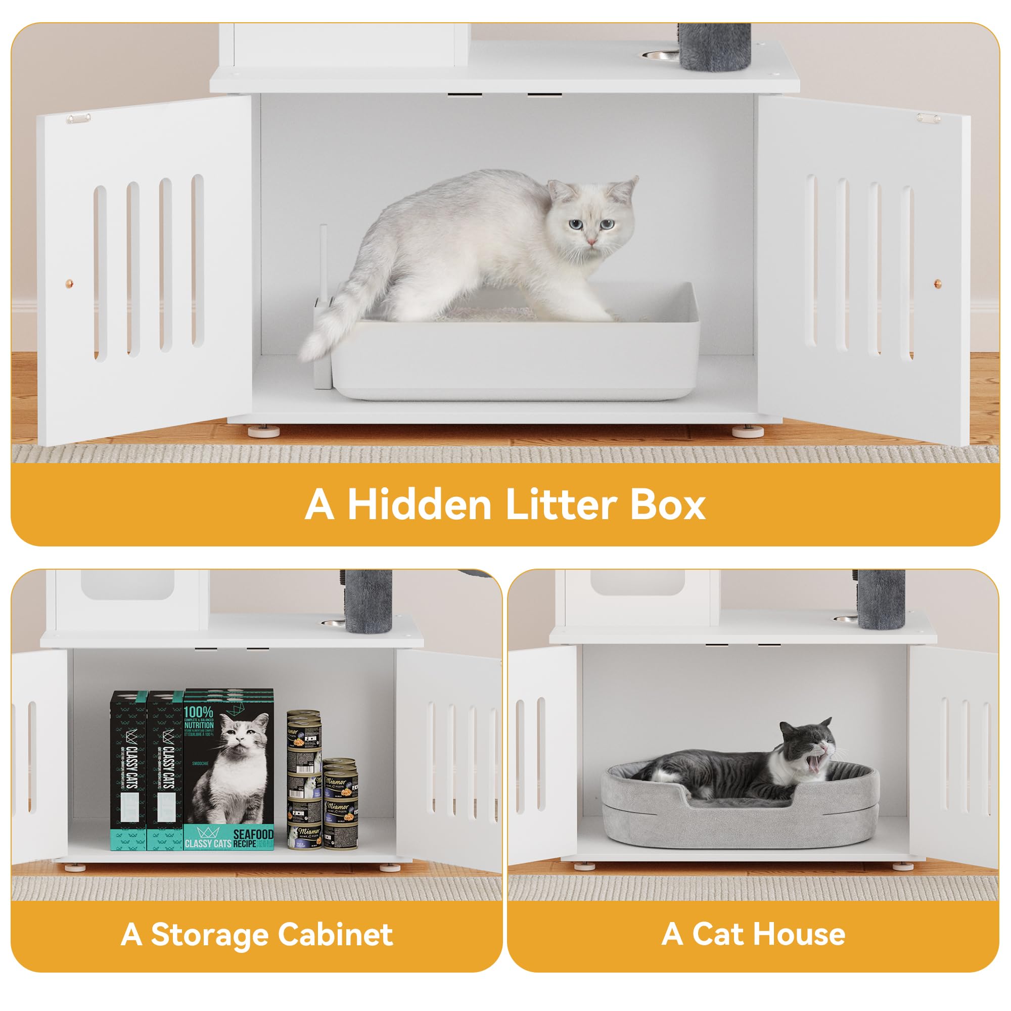 YITAHOME 59 Inch 2-in-1 Cat Tree with Litter Box Enclosure - Modern Cat Condo Tower with Wood House, Perch, Food Station, Hammocks & Scratching Post - Indoor Cat Furniture for Small Spaces & Multi-Cat Homes (White) - Perfect for Apartments, Living Rooms & Pet Play Areas