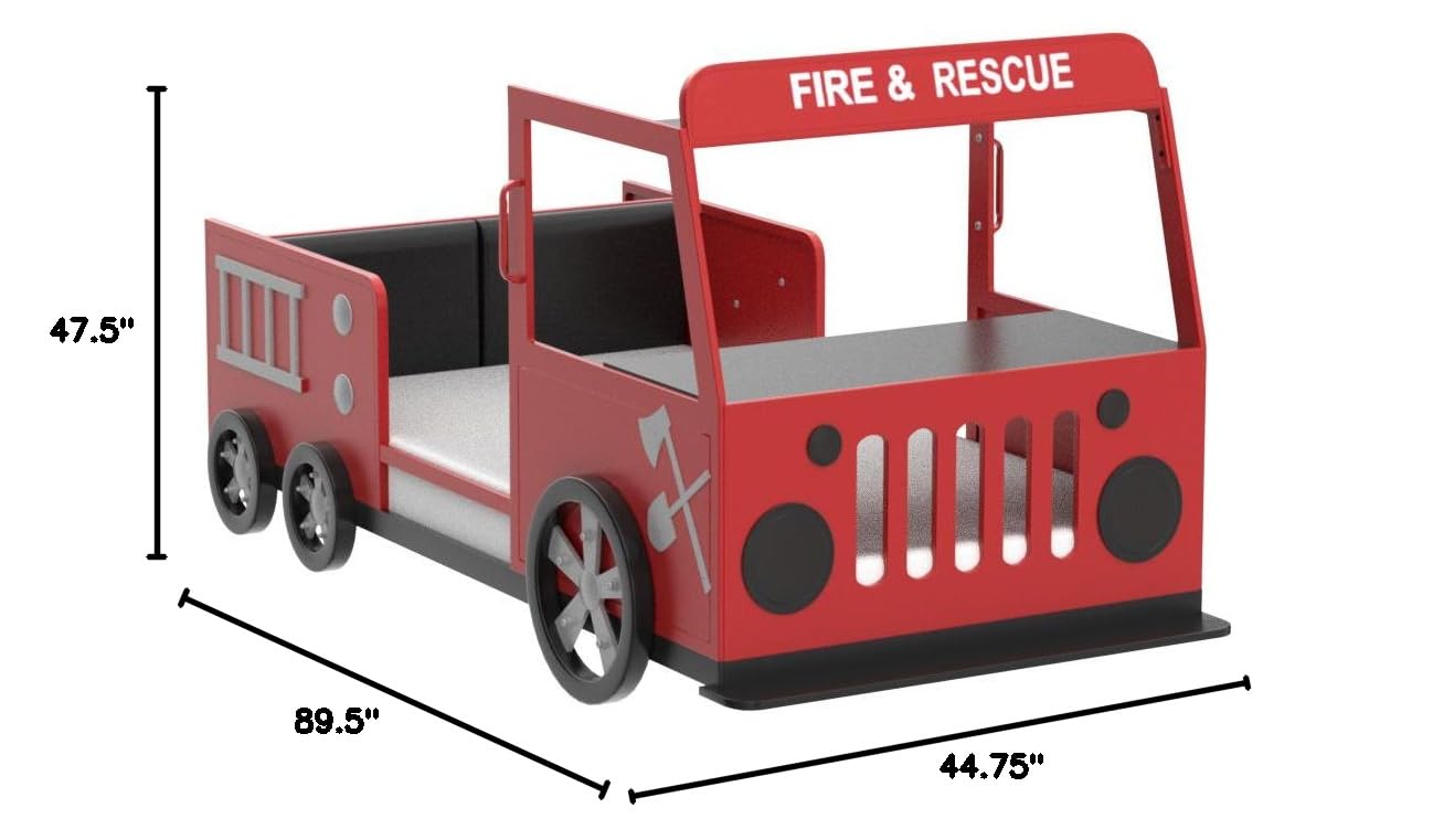Furniture of America Jennen Novelty Metal Fire Truck Twin Bed in Red - Kids Themed Bedroom Furniture for Boys - Perfect for Firefighter-Themed Rooms & Play Areas