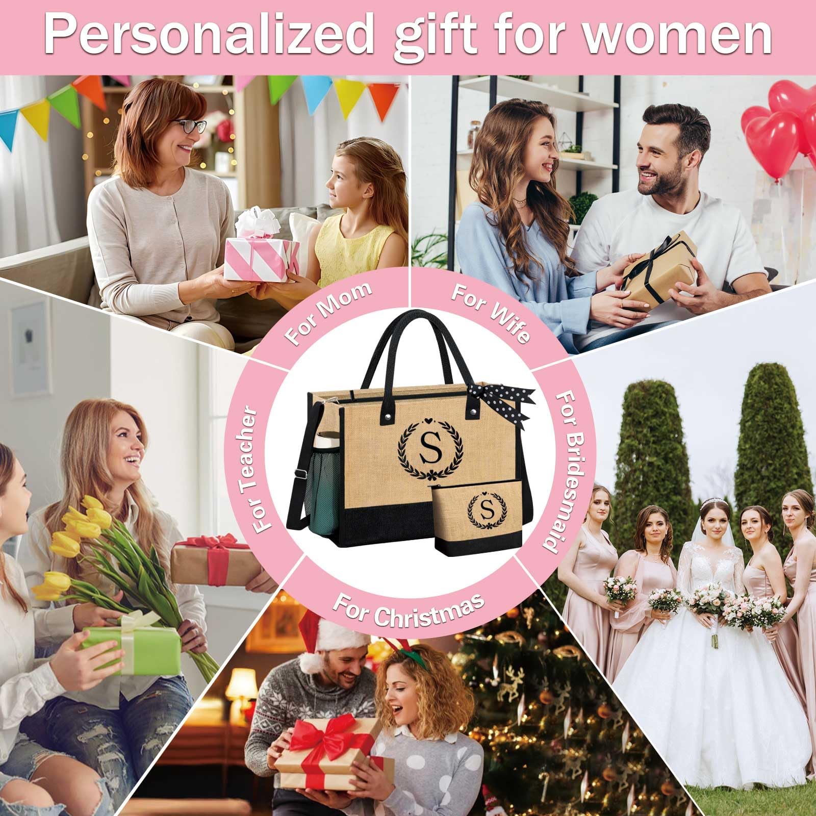Personalized Initial Jute Tote Bag & Makeup Pouch Set for Women - Custom Monogrammed Beach Bag with Zipper - Perfect Gift for Brides, Moms, and Friends - Great for Travel, Shopping, and Beach Outings
