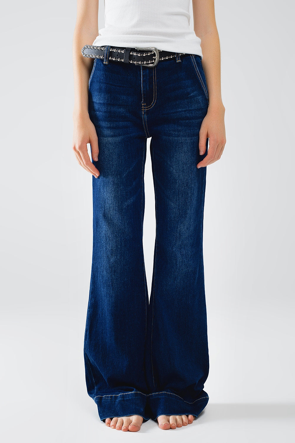 High Waist Flared Jeans for Women - Dark Blue Denim Pants for Casual Wear & Everyday Outfits
