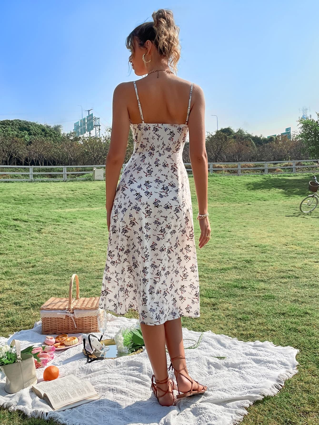 Women's Floral Print Summer Slip Dress - Tie Front, Thigh Slit Cami Dress for Beach, Vacation & Date Night Outfits