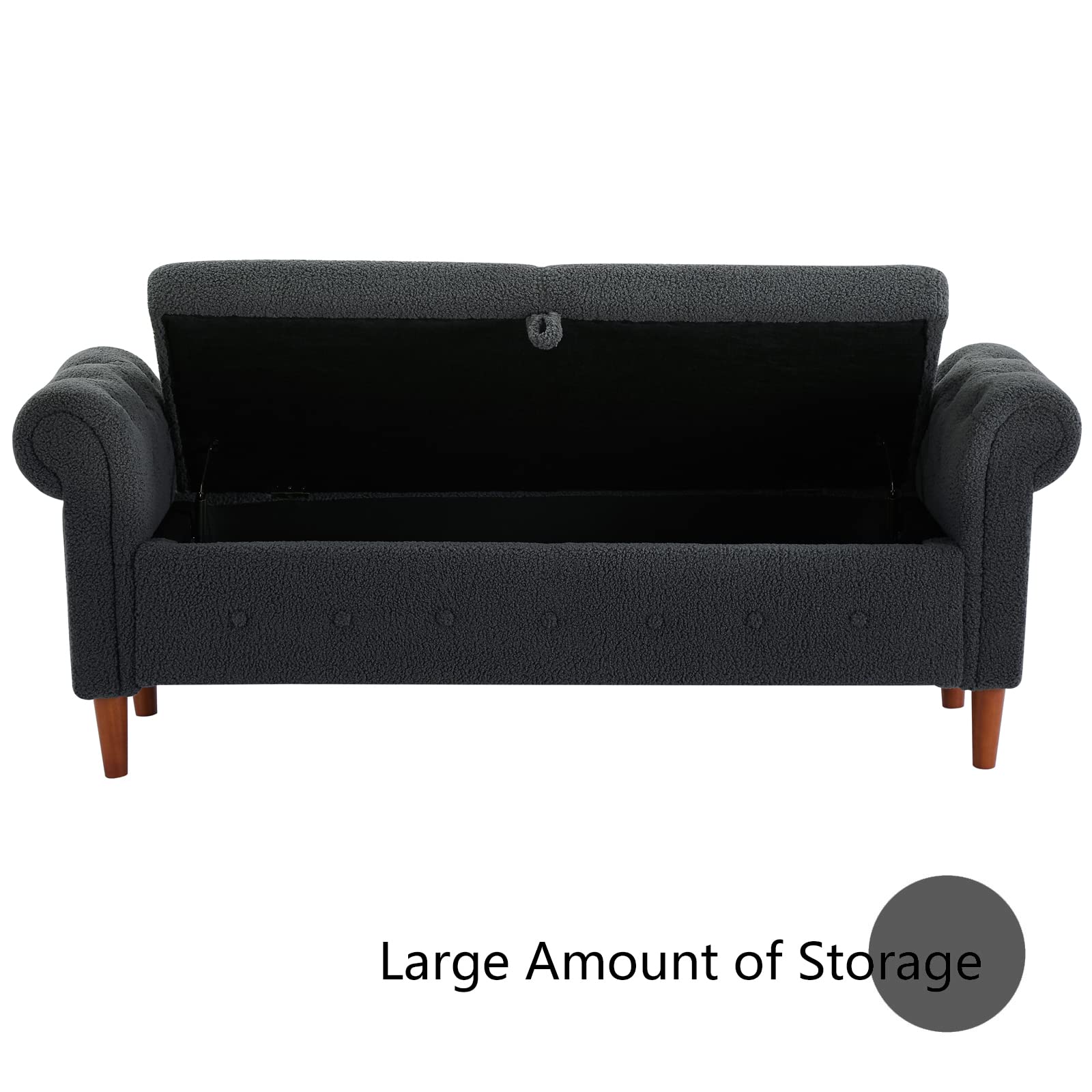 Aoowow Storage Bench with Rolled Arms - Teddy Fabric Ottoman for Bedroom, Living Room, End of Bed - Multi-Functional Seat & Toy Storage (Grey) - Perfect for Window Seating, Fireplace Lounging & Home Organization