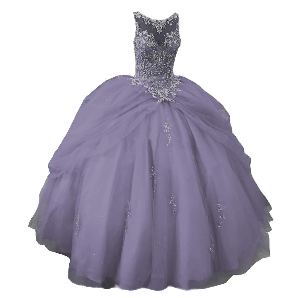 Elegant Crystal Beaded Quinceañera Dresses for Women | Sheer Neck Tulle Ruffles Ball Gown | Sweet 16 Birthday Party, Prom, Formal Events & Special Occasions