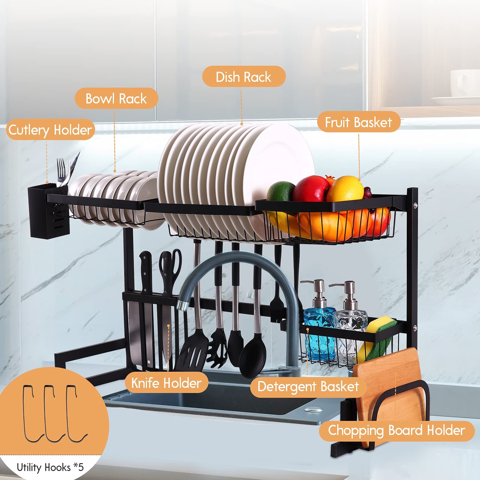 2-Tier Over The Sink Dish Drying Rack with 5 Utility Hooks - Large Kitchen Organization Storage Shelf & Utensil Holder for Countertops (Fits Sinks ≤32.5