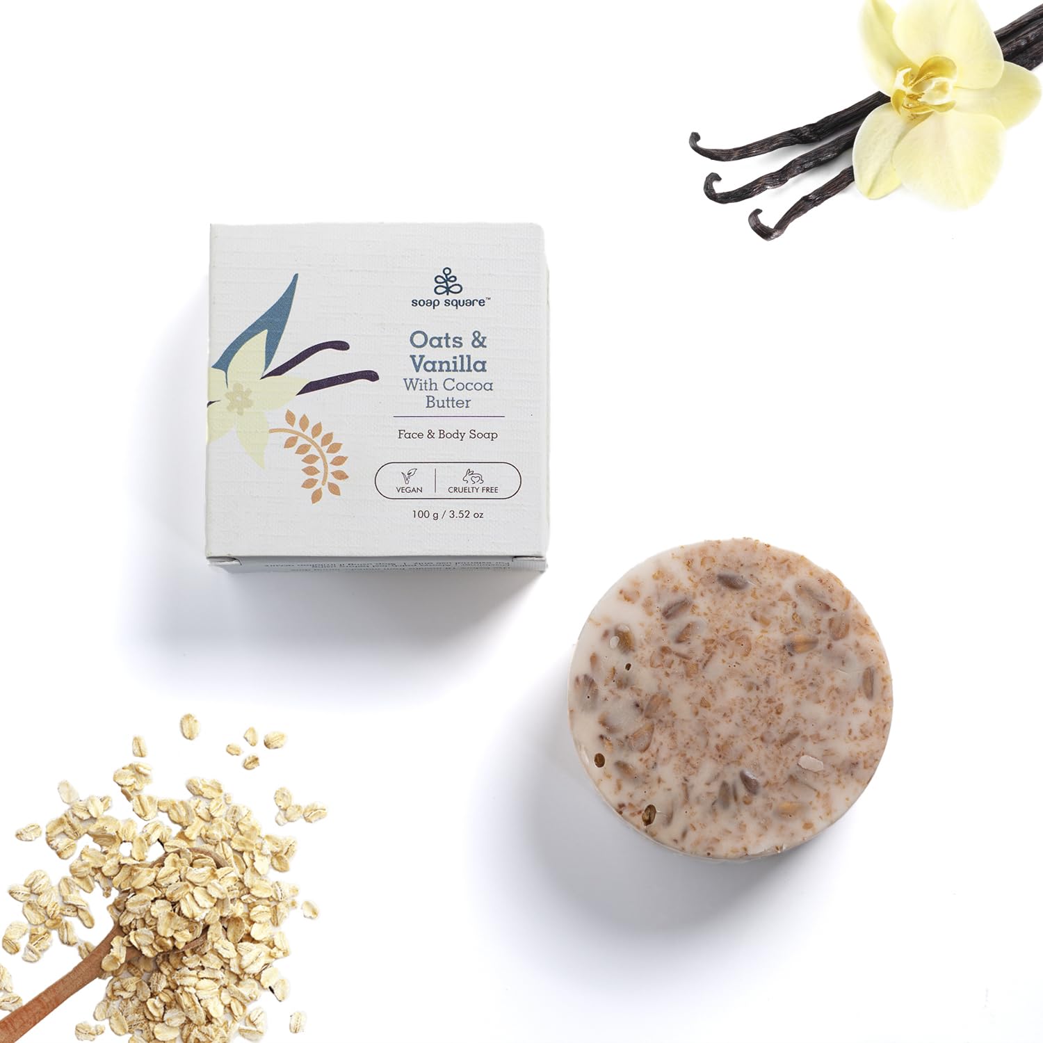 SOAP SQUARE Oats & Vanilla with Cocoa Butter Soap Bar - SLS Free, Paraben Free, Cruelty-Free Vegan Soap - Handcrafted in India - Freshly Made 100g - Perfect for Gifting, Customized Presents & Daily Skincare Routine