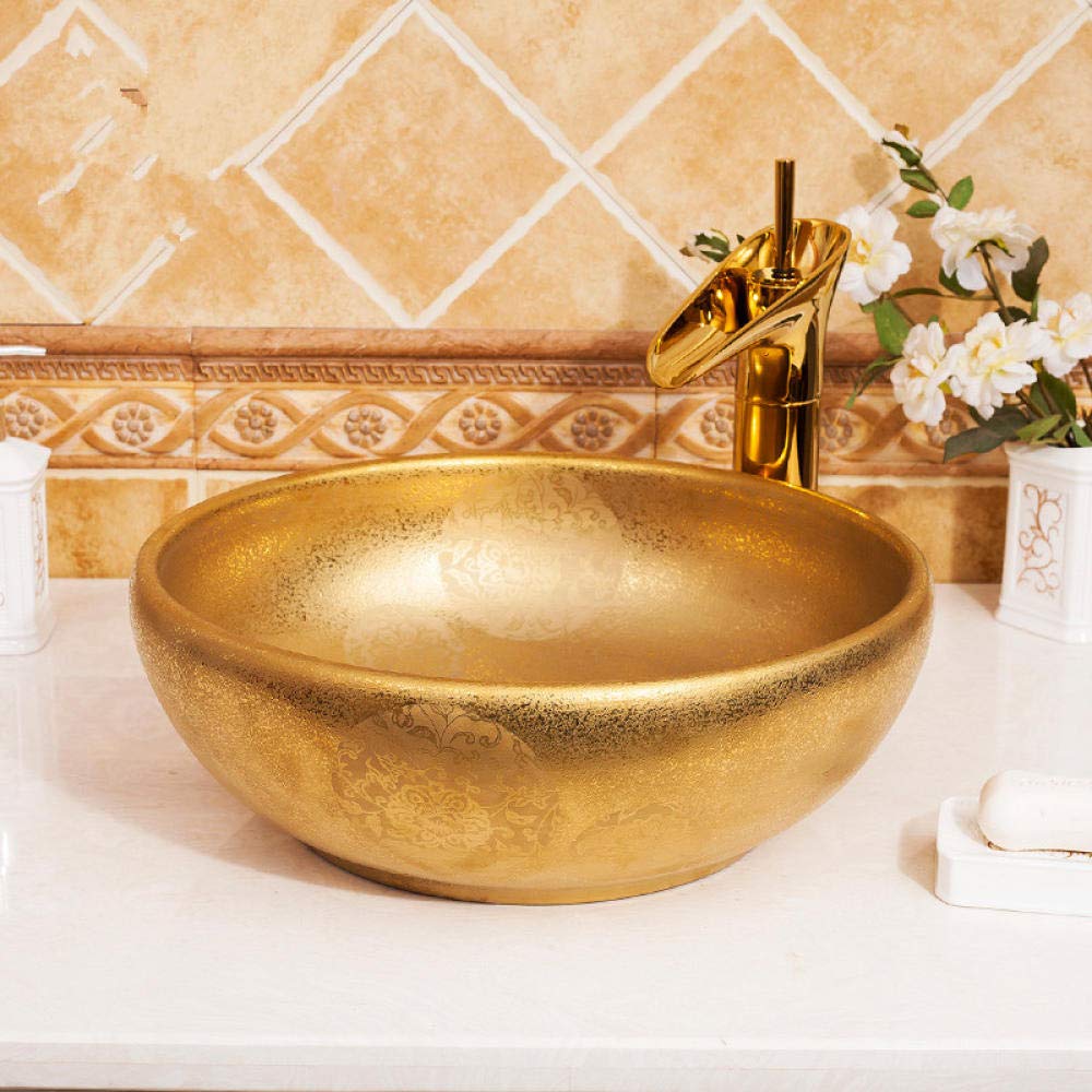 Premium SHAWLA Ceramic Vessel Sink - Handcrafted Jingdezhen Art Bathroom Countertop Basin in Gold Finish | Modern Vanity Sink for Luxury Bathrooms & Powder Rooms