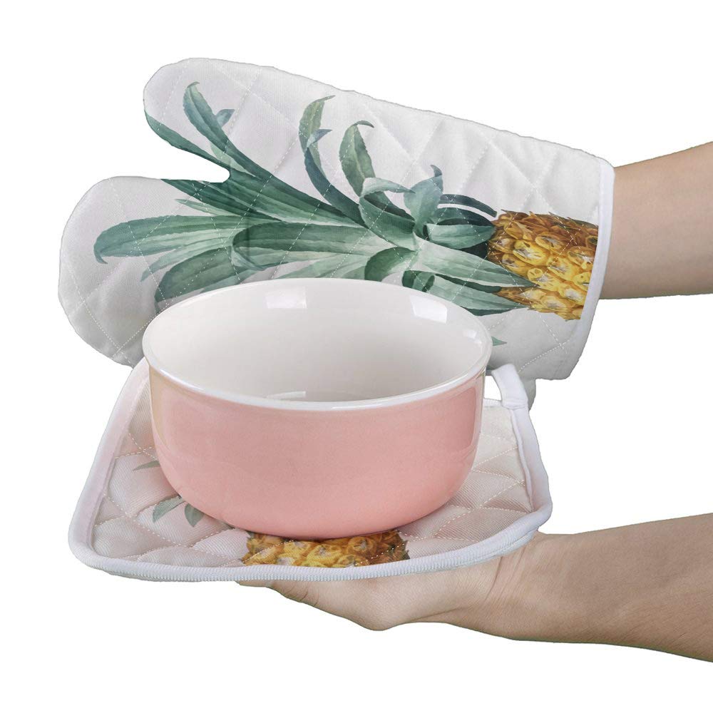 Heat Resistant Non-Slip Pineapple Oven Mitt & Pot Holder Set - Chic Kitchen Decor for Baking, BBQ, Grilling & Cooking - Tropical Fruit Themed Kitchen Accessories for Home & Outdoor Use