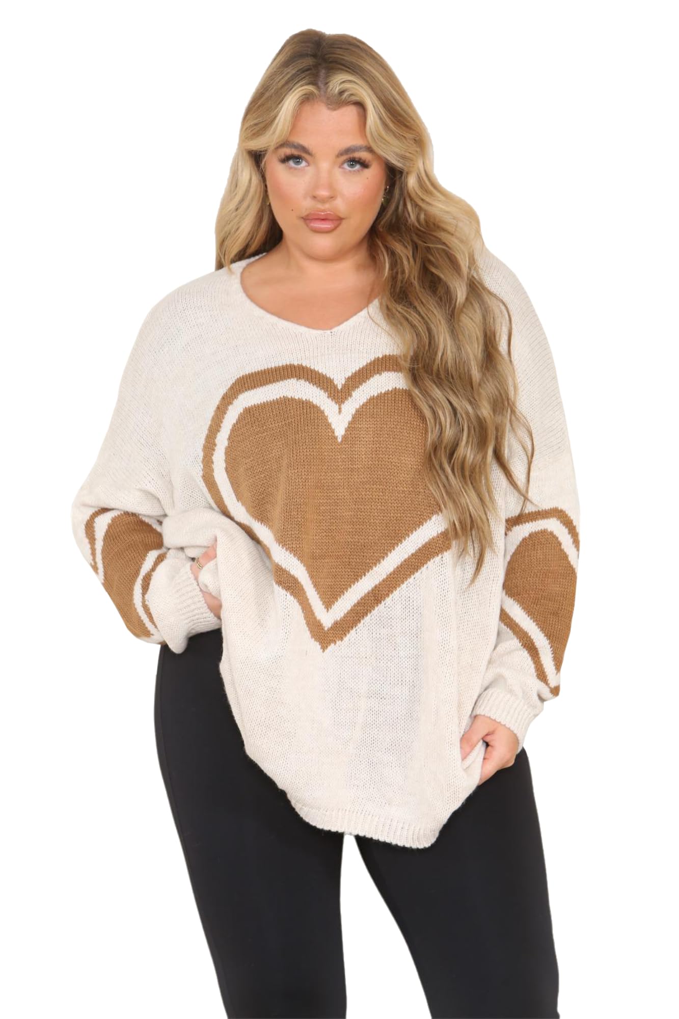 WICKEDFASHIONS123 Women's Oversized Knit Sweater - Big Heart Print Tunic Pullover, Plus Size Winter Warm Long Sleeve Top (Cream, UK 24-26) | Cozy Casual Wear for Lounge, Office & Date Nights