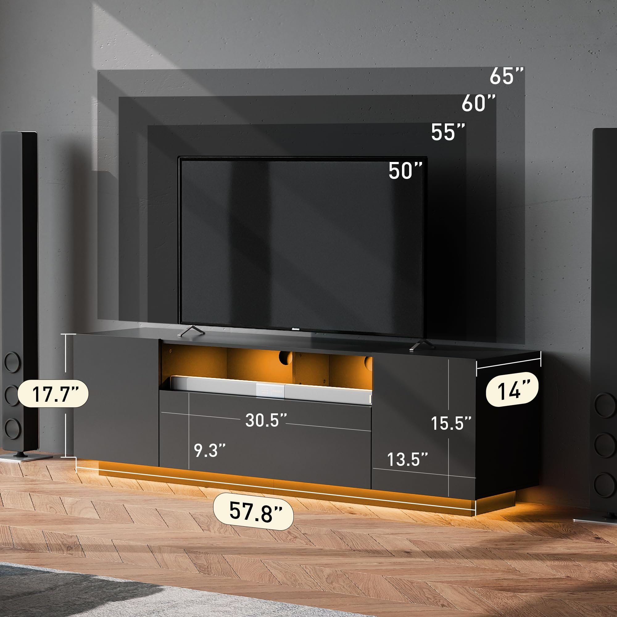 Modern TV Stand for 65 Inch TV with LED Lights & Storage Cabinet - 58
