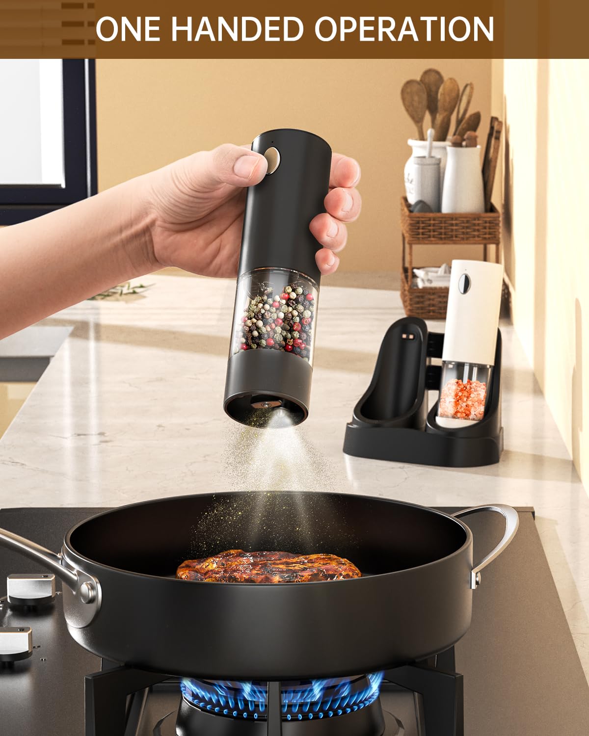Premium Electric Salt and Pepper Grinder Set - USB Rechargeable with Adjustable Coarseness, LED Light & Charging Base - White & Black - Perfect for Kitchen, Dining Table & Gourmet Cooking