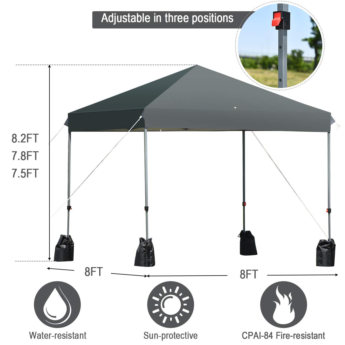 Tangkula 8x8 Ft Pop Up Canopy Tent - Portable Instant Shelter with Wheeled Carry Bag, 4 Sand Bags & 8 Stakes - Waterproof Outdoor Shade for Camping, Beach Parties, Backyard BBQs (Gray)
