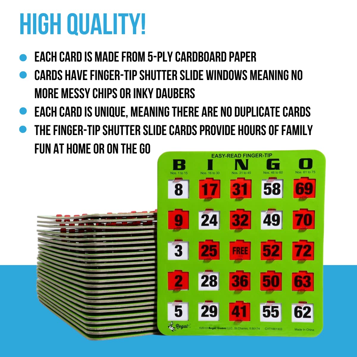 Regal Bingo - 8” x 9” Shutter Slide Bingo Cards - 5-Ply Green Cardstock - Easy to Read Numbers - No Duplicate Cards - Red Sliding Windows - Perfect for Large Groups & Bulk Purchasing - Ideal for Bingo Nights, Fundraisers, Classroom Activities & Senior Center Games