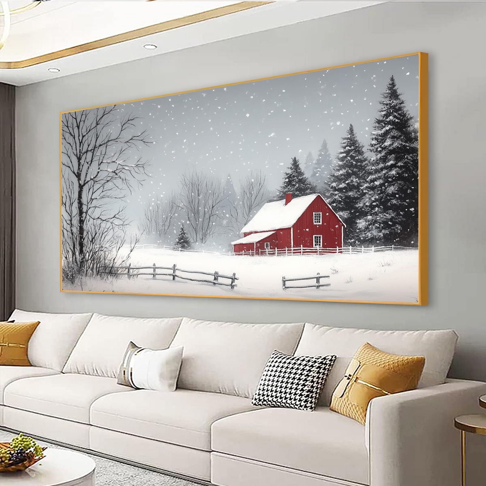 Farmhouse Winter Canvas Wall Art - Snowy Landscape with Red Barn & Trees - Gold Framed 23x13 inch (60x35cm) - Perfect for Living Room, Bedroom & Office Decor