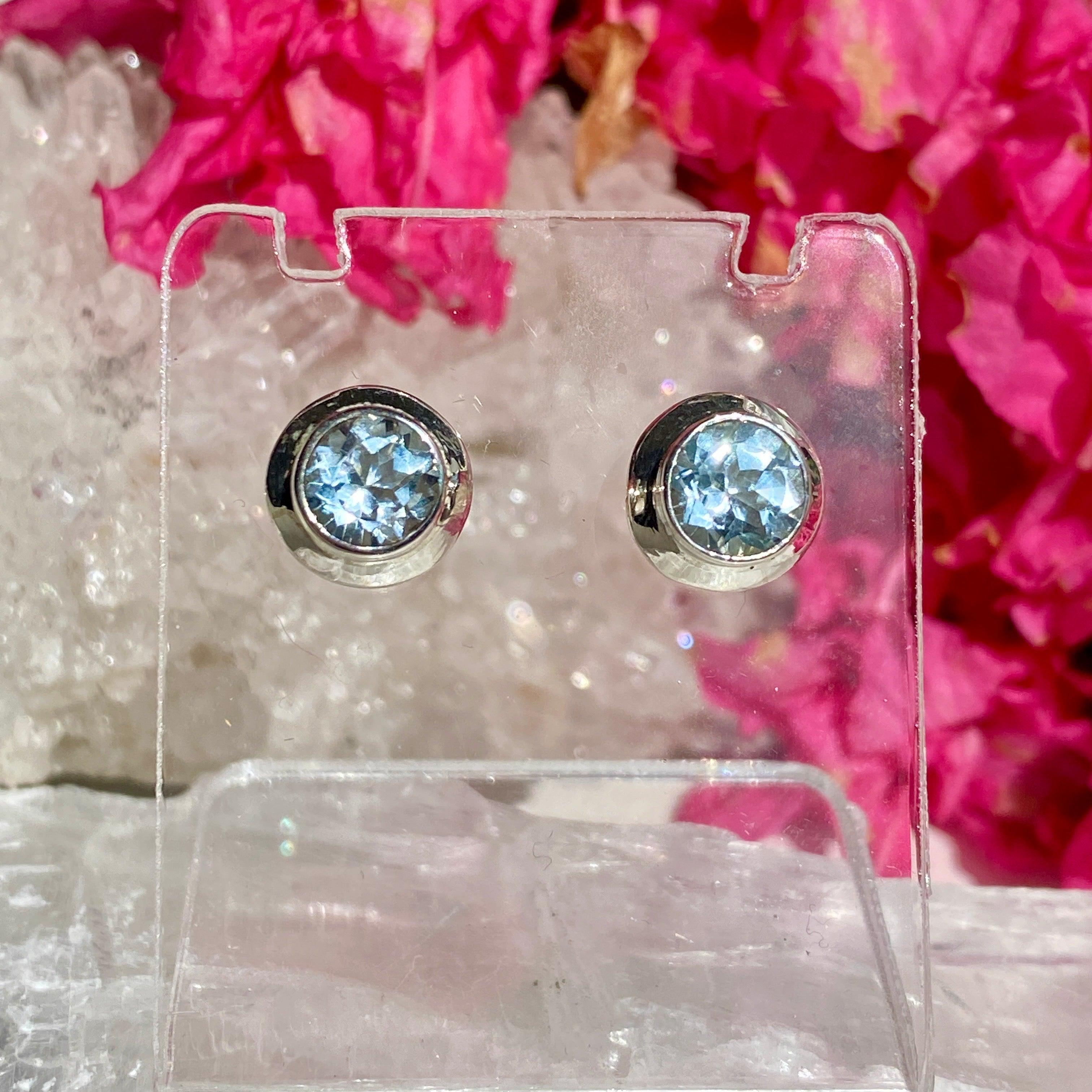 Blue Topaz Round Faceted Stud Earrings KEGJ1084 - Elegant Jewelry for Women, Perfect for Weddings, Parties & Daily Wear