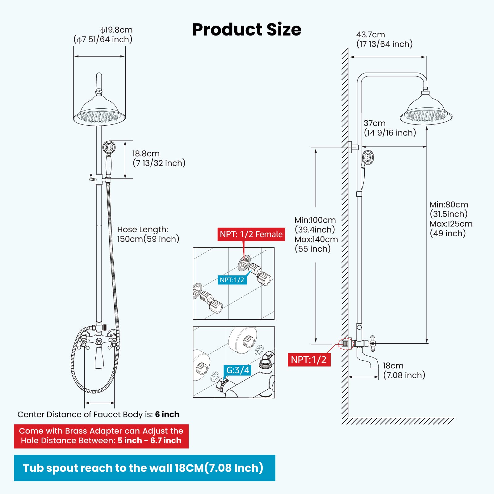 Gotonovo 8 Inch Rainfall Shower System - Polished Chrome Wall Mount Exposed Shower Faucet with Tub Spout, Handheld Spray & Double Cross Handles for Bathroom & Outdoor Use | Perfect for Modern Homes, Spa Retreats & Poolside Showers