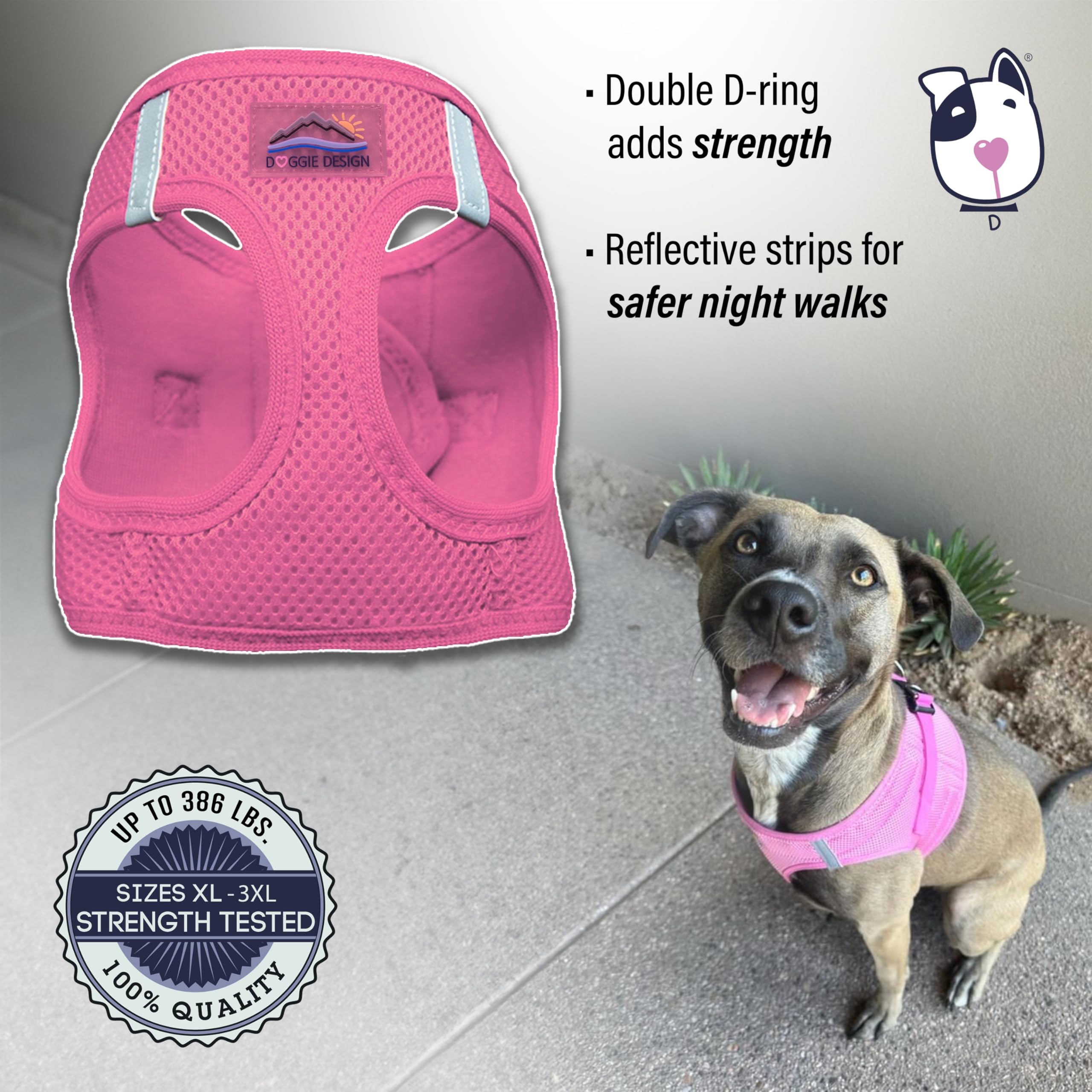 Doggie Design No-Choke Dog Harness - Breathable Mesh Polyester Pet Vest with Easy Step-in Design for Small, Medium & Large Dogs - Candy Pink XL | Perfect for Walking, Hiking & Outdoor Adventures