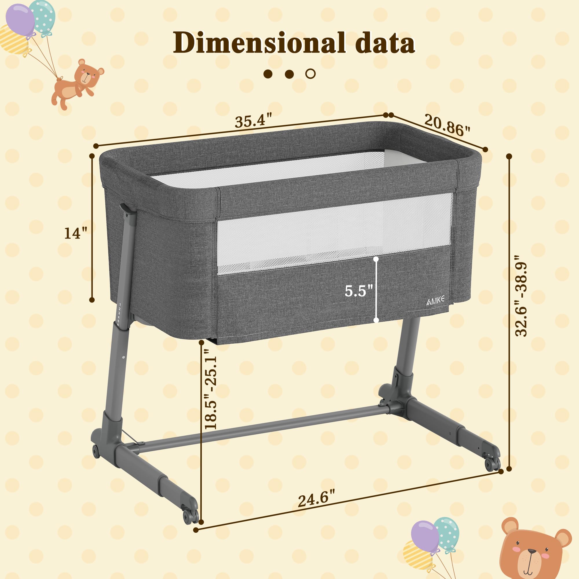 AMKE Baby Bassinet - Breathable Mesh Bedside Sleeper for Newborns | Portable Adjustable Crib for Safe Co-Sleeping | Nursery Essential for Infants 0-6 Months (Dark Gray) | Perfect for Bedroom, Nursery & Travel