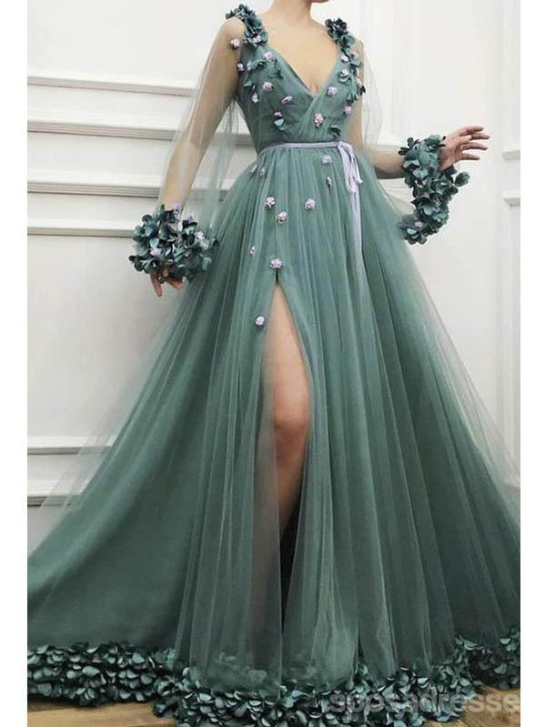 Elegant Dusty Green A-Line High Slit V-Neck Long Sleeve Prom Dress 12668 | Formal Evening Gown for Homecoming, Ball, Wedding & Special Occasions