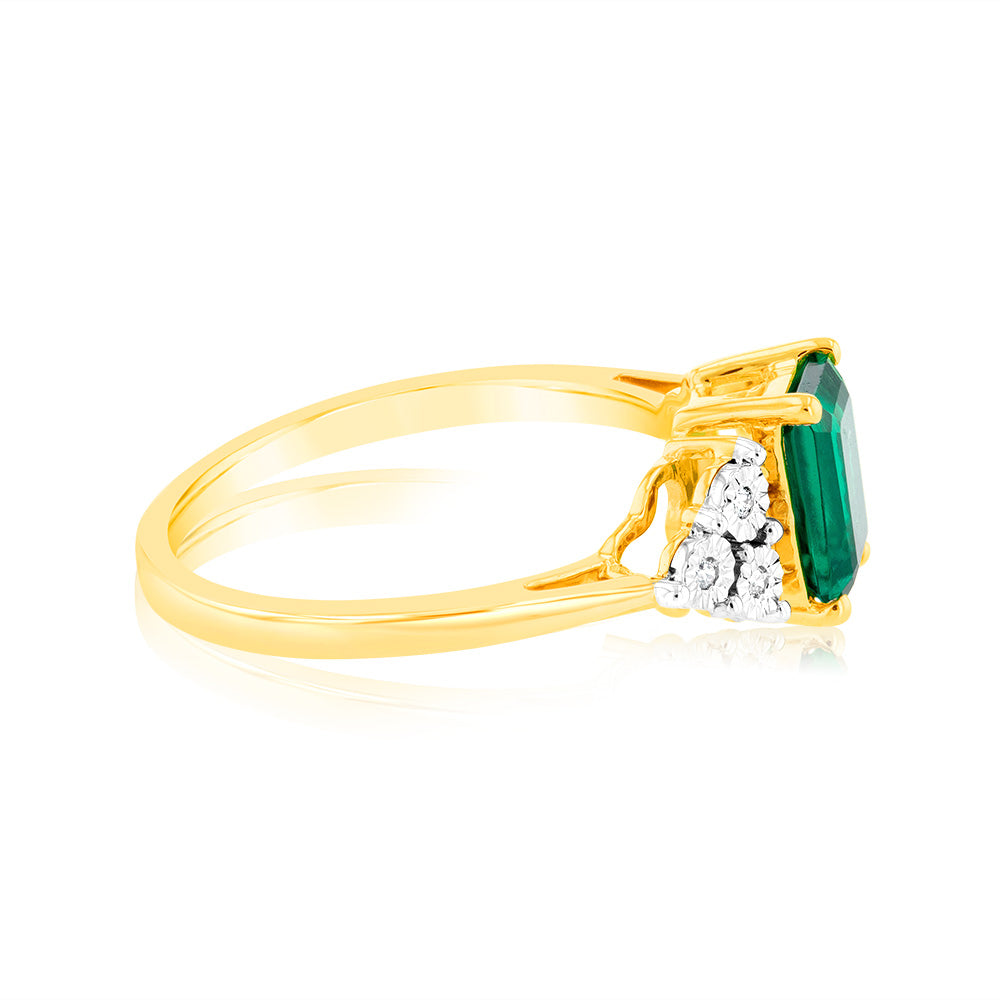 9ct Yellow Gold 7mm Lab-Created Emerald and Diamond Ring for Women - Elegant Engagement, Wedding, Anniversary Gift Jewelry