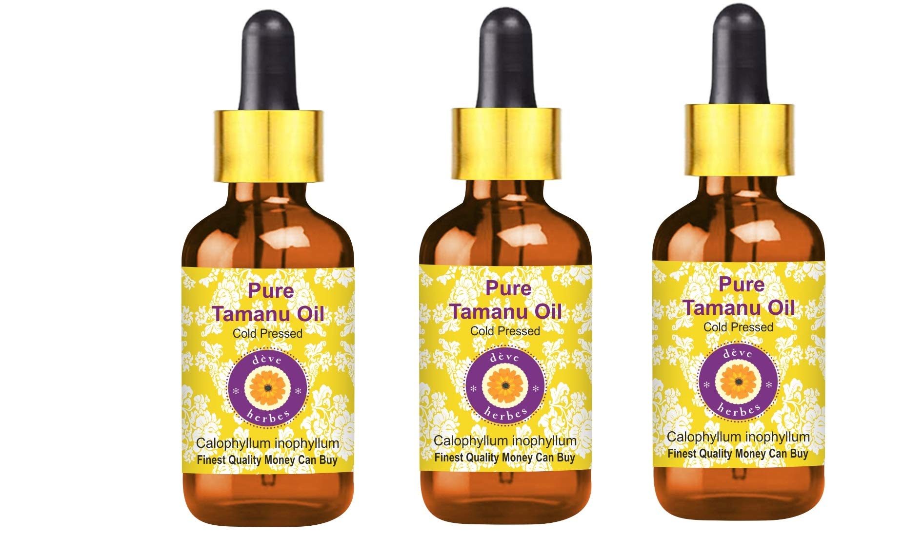 Pure Tamanu Oil (Calophyllum Inophyllum) - Cold Pressed, 100% Natural, 3-Pack with Glass Dropper (10 oz Total) - For Skin Care, Hair Growth & Wound Healing
